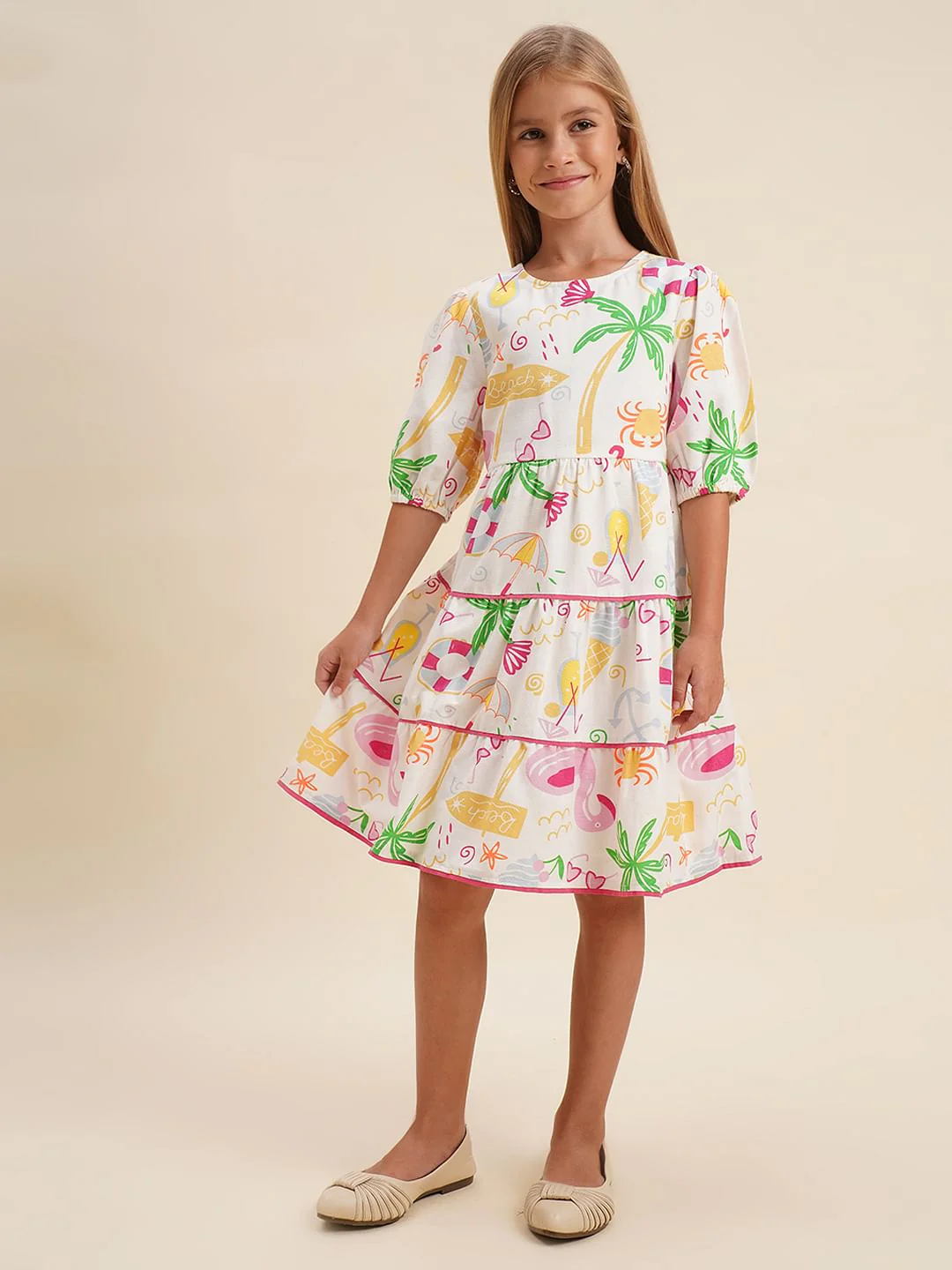 Girls White Printed Dress - Image 2