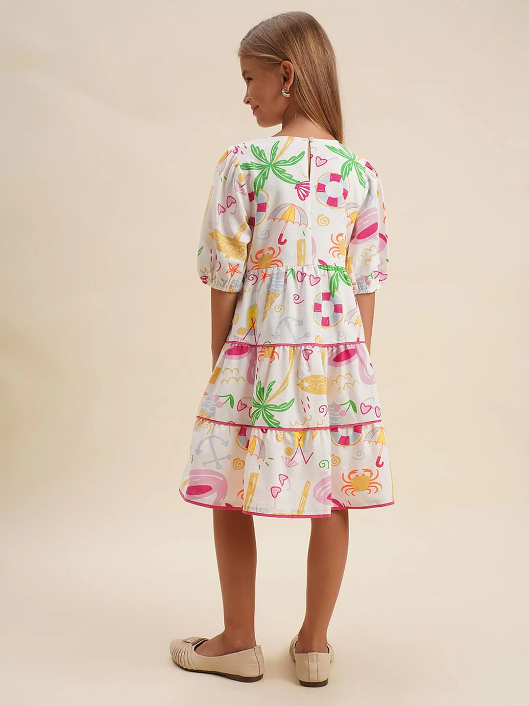 Girls White Printed Dress - Image 3
