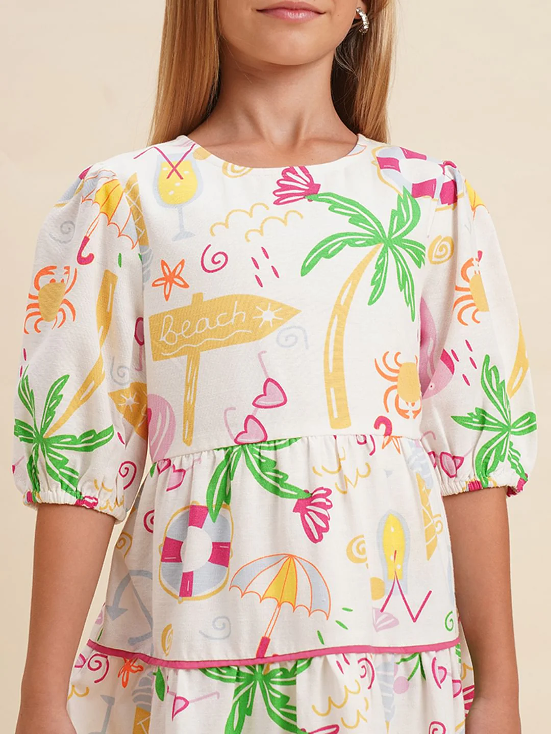 Girls White Printed Dress - Image 4