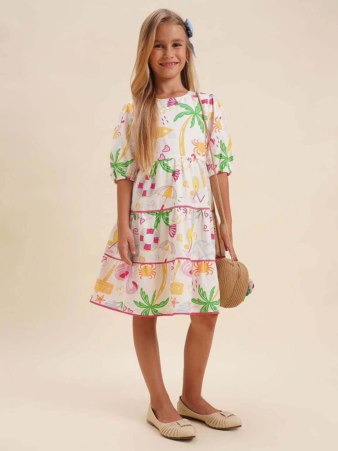 Girls White Printed Dress - Image 5