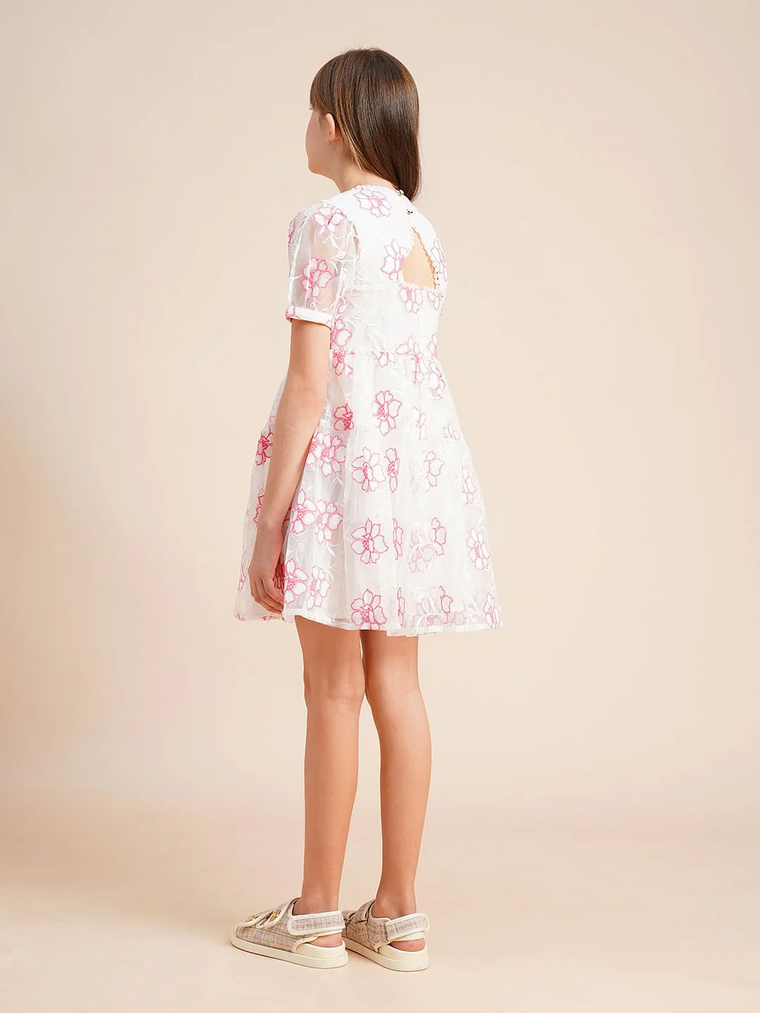 Girls White Contrast Embroidery Dress - Image 3