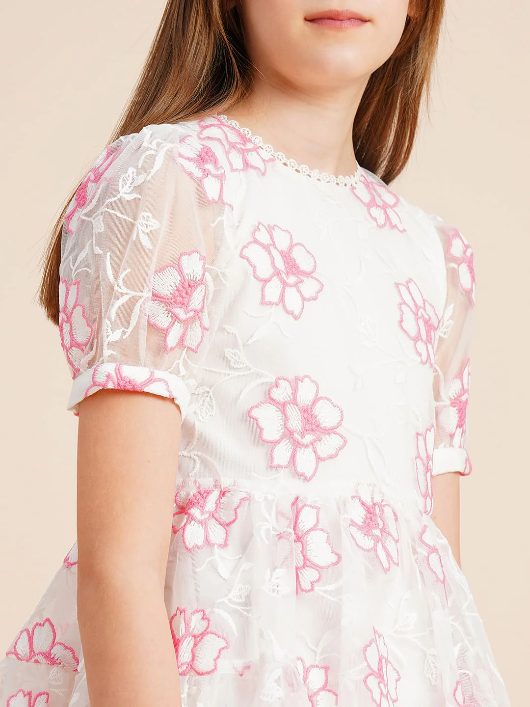 Girls White Contrast Embroidery Dress - Image 4