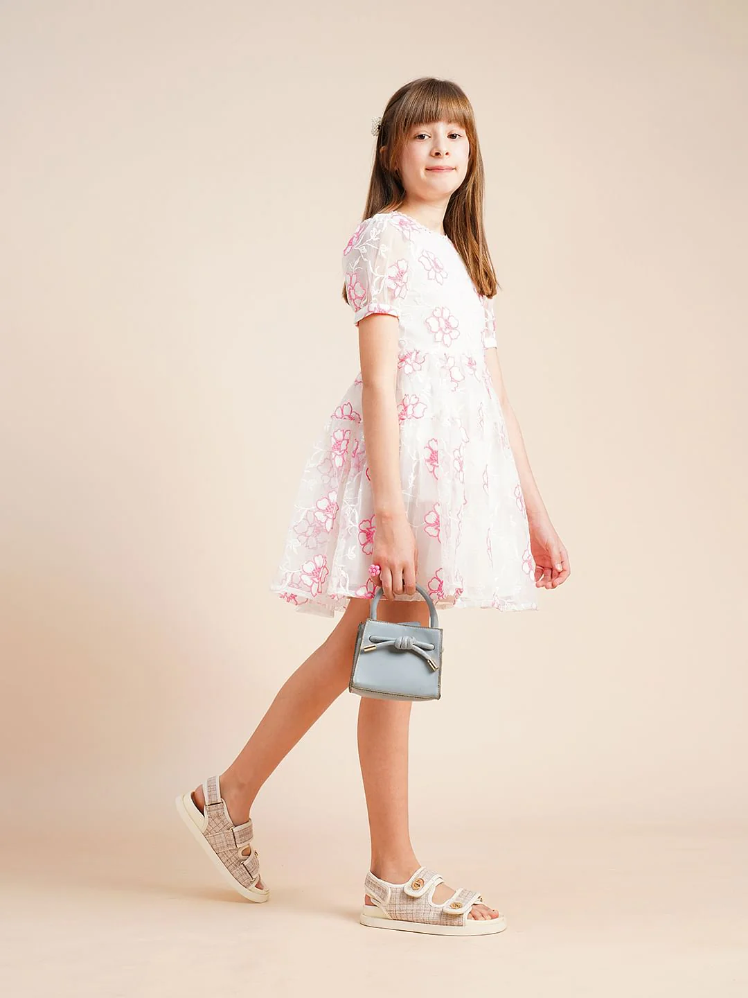 Girls White Contrast Embroidery Dress - Image 5