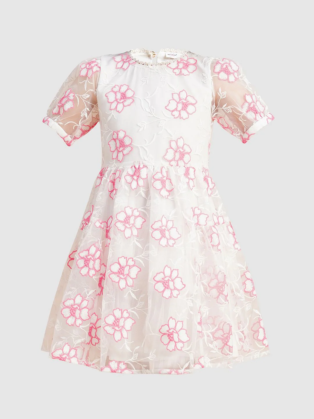 Girls White Contrast Embroidery Dress - Image 6