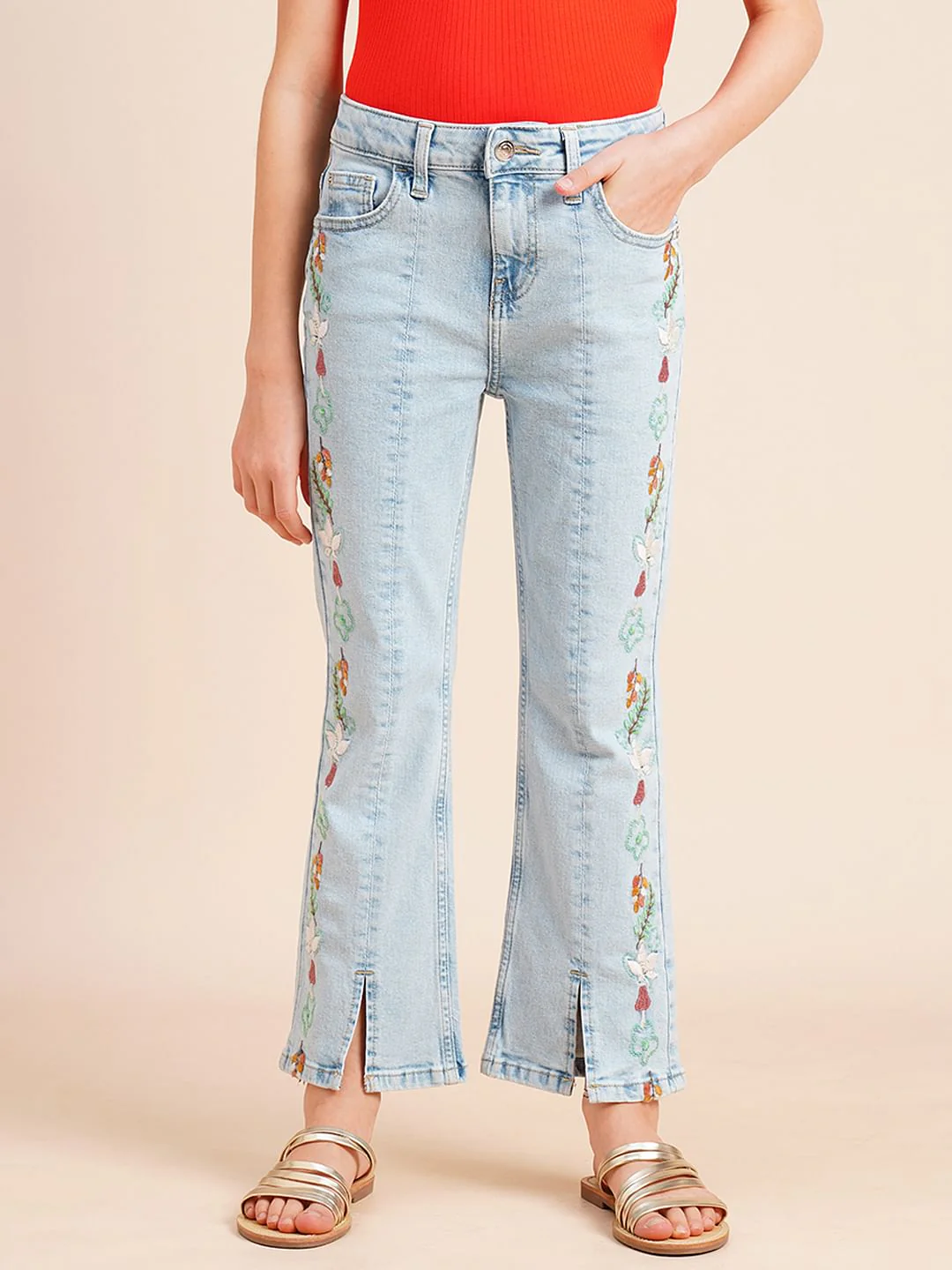 Girls Blue Embroidered Print Bootcut Jeans - Image 2