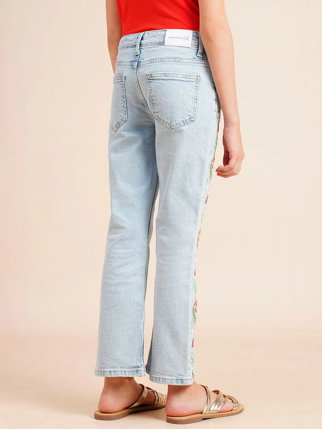 Girls Blue Embroidered Print Bootcut Jeans - Image 3