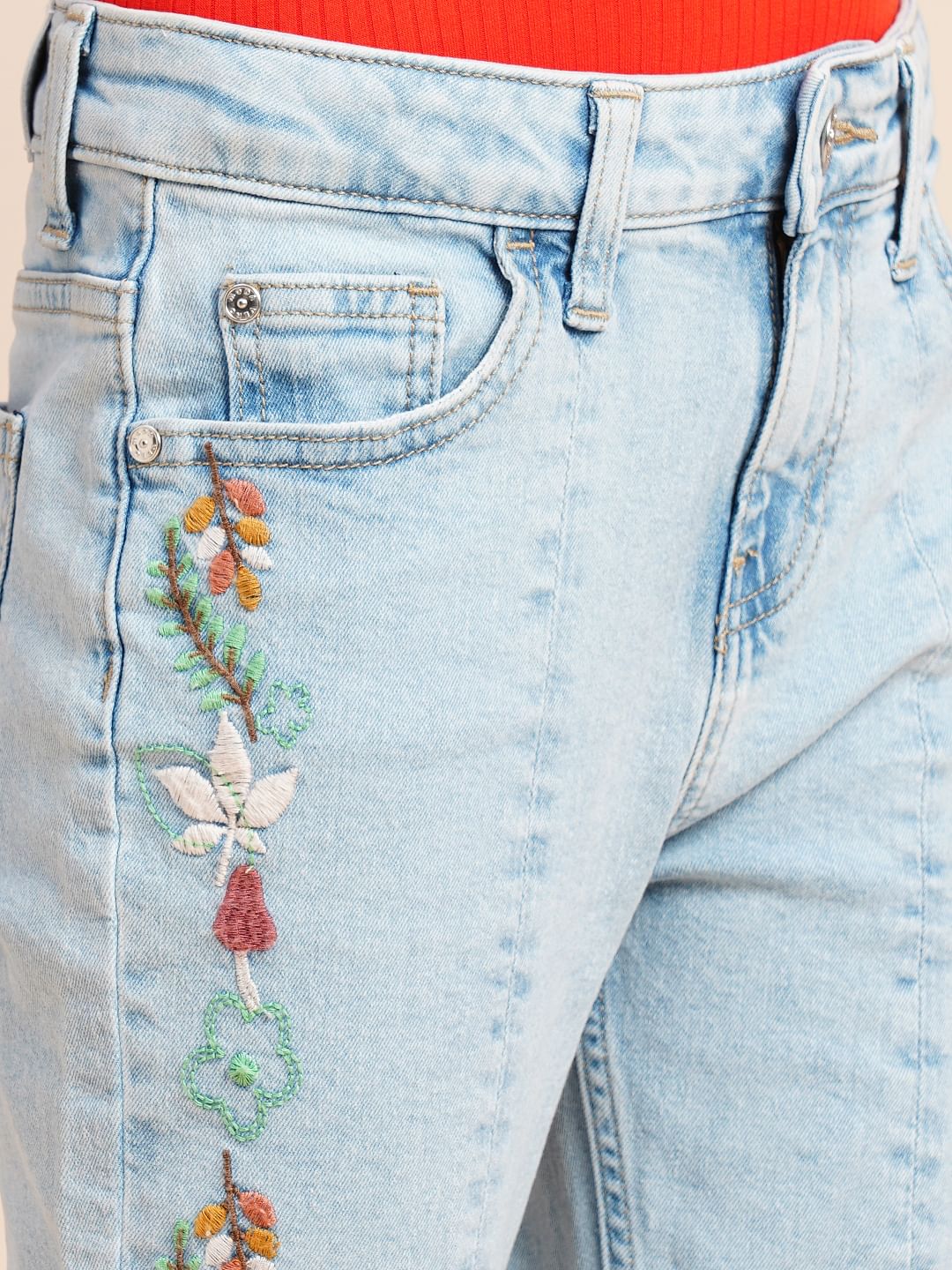 Girls Blue Embroidered Print Bootcut Jeans - Image 4