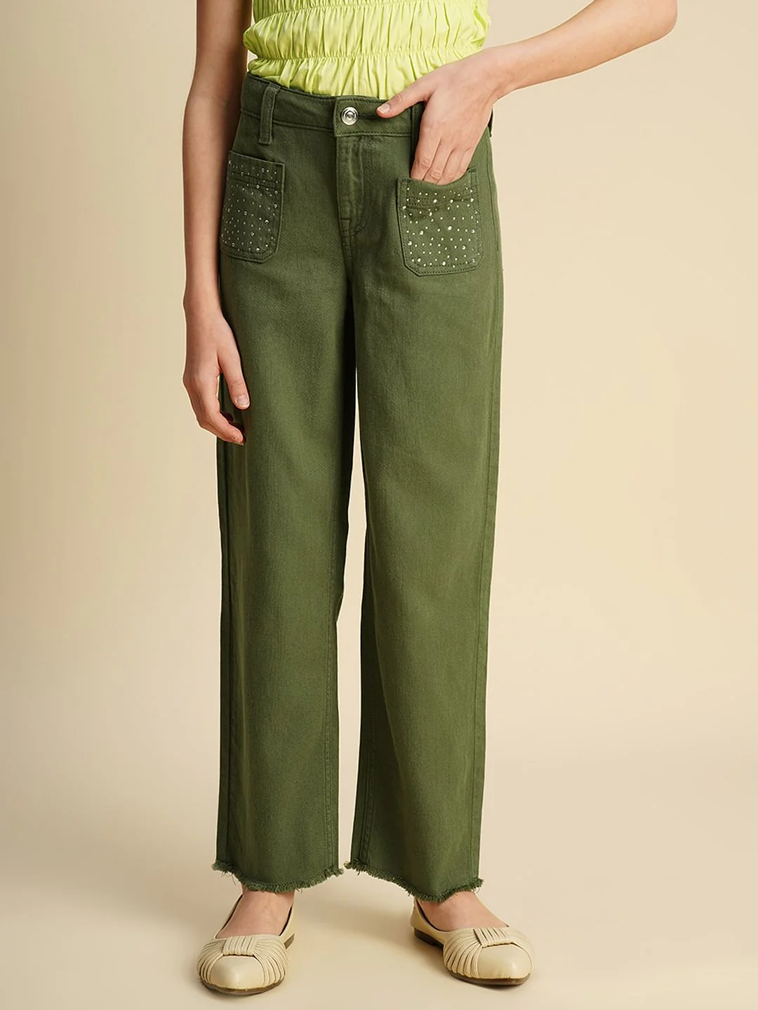 Girls Green Embellished Wide Leg Jeans - Image 2