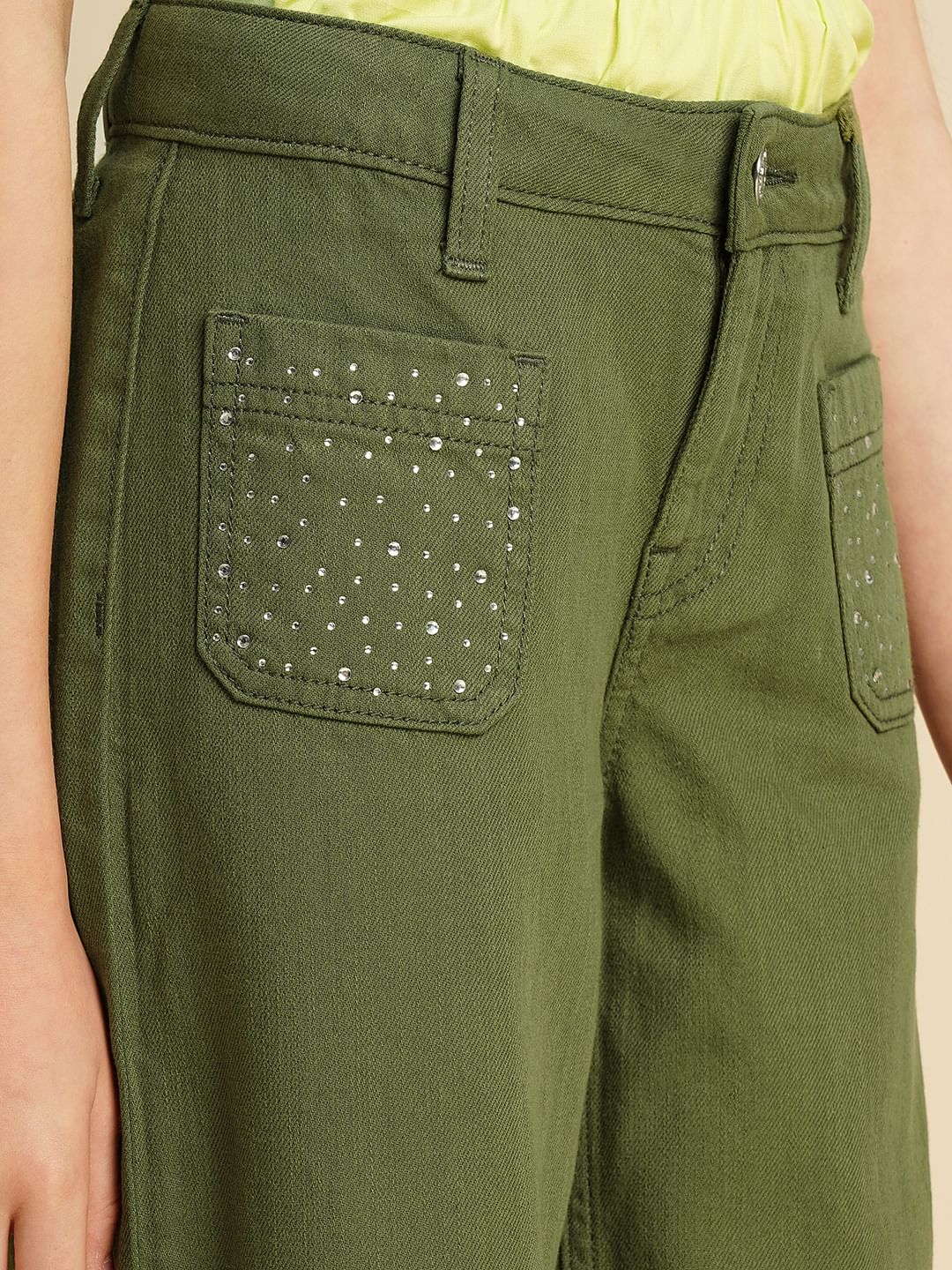 Girls Green Embellished Wide Leg Jeans - Image 4