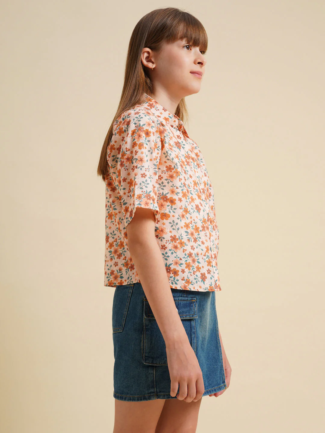 Girls Orange Floral Cotton Shirt - Image 2