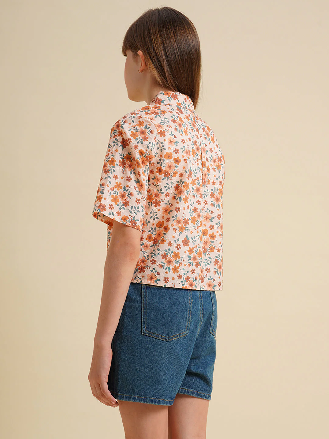 Girls Orange Floral Cotton Shirt - Image 3