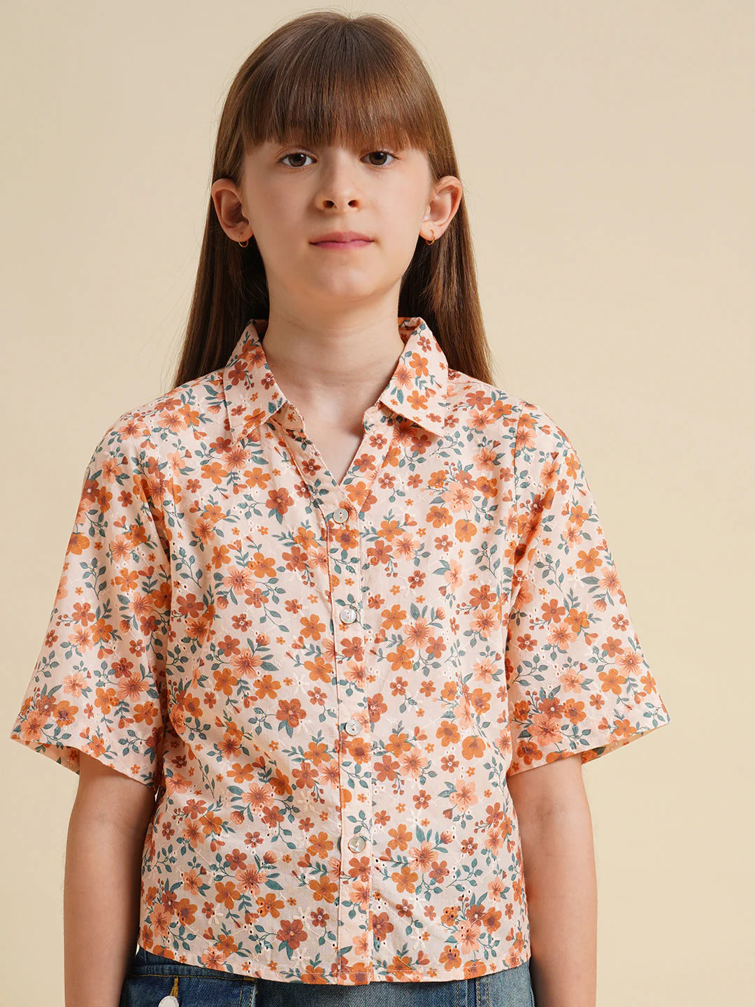 Girls Orange Floral Cotton Shirt - Image 4