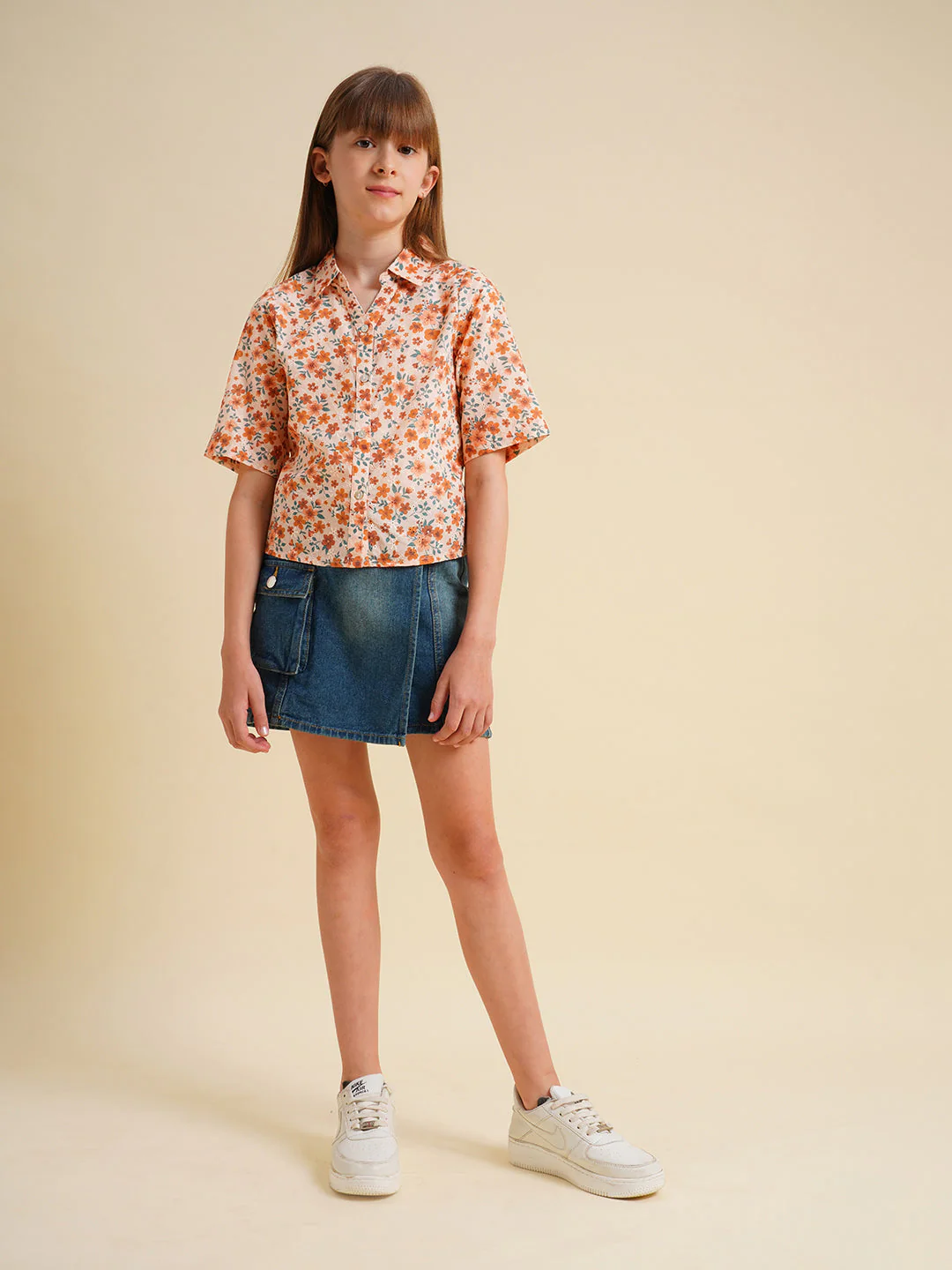 Girls Orange Floral Cotton Shirt - Image 5