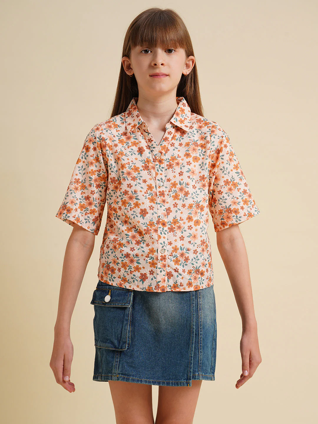 Girls Orange Floral Cotton Shirt - Image 7