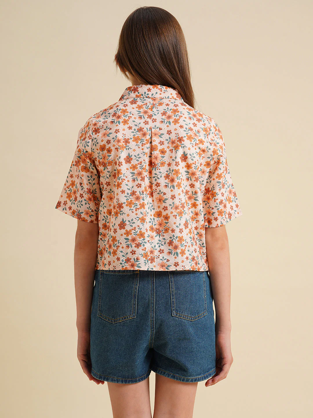 Girls Orange Floral Cotton Shirt - Image 8
