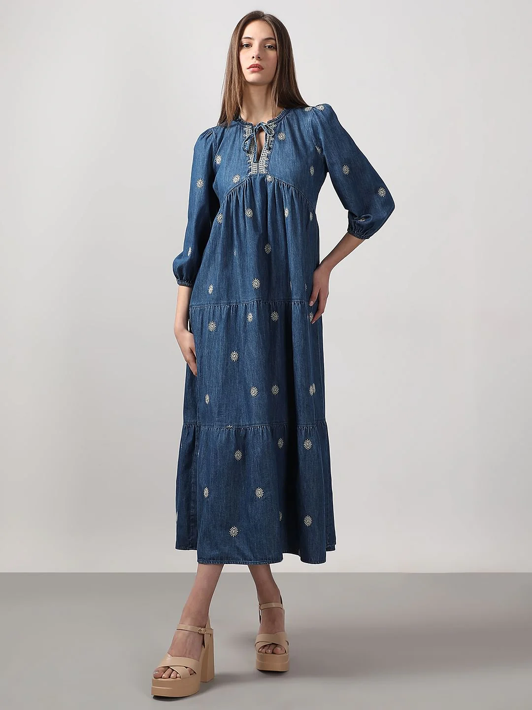 Dark Blue Embroidered Denim Dress - Image 2