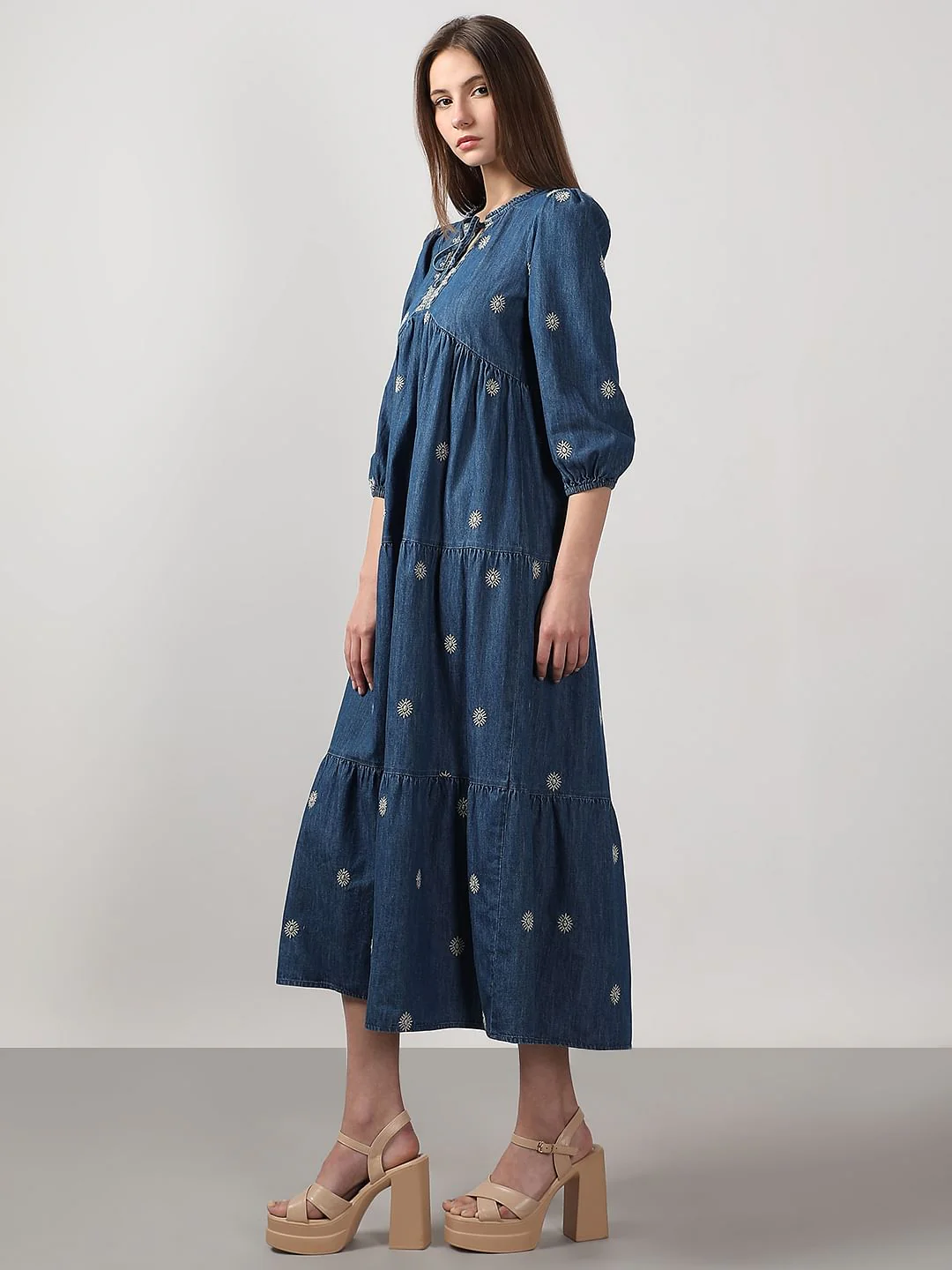 Dark Blue Embroidered Denim Dress - Image 3