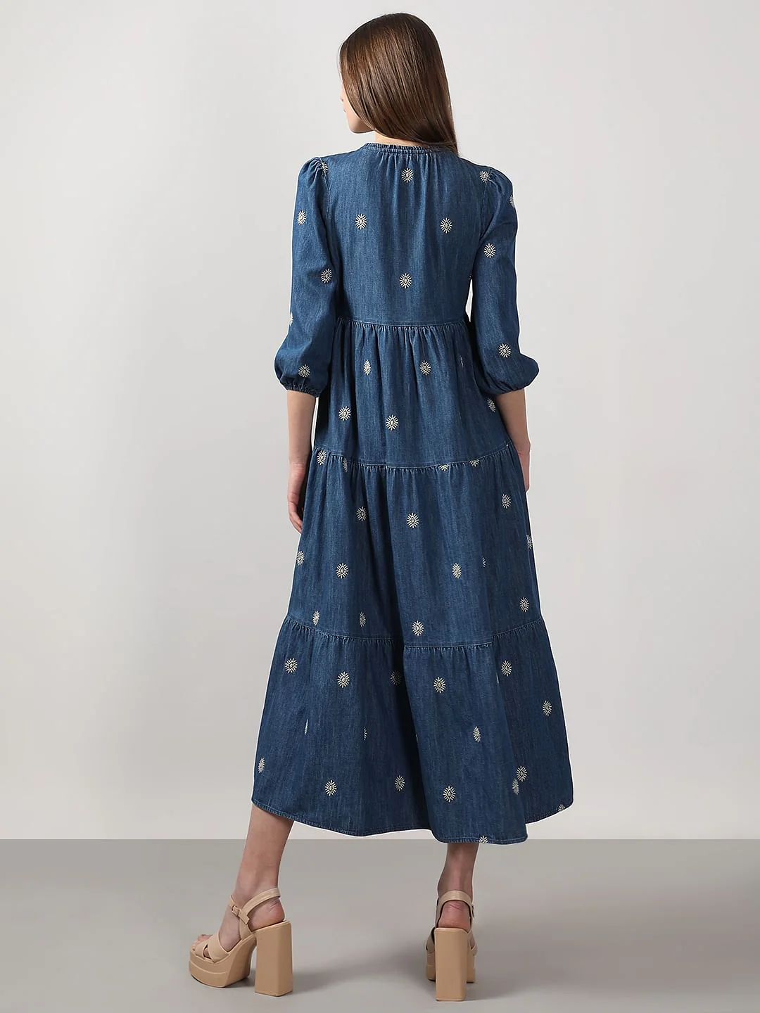 Dark Blue Embroidered Denim Dress - Image 4