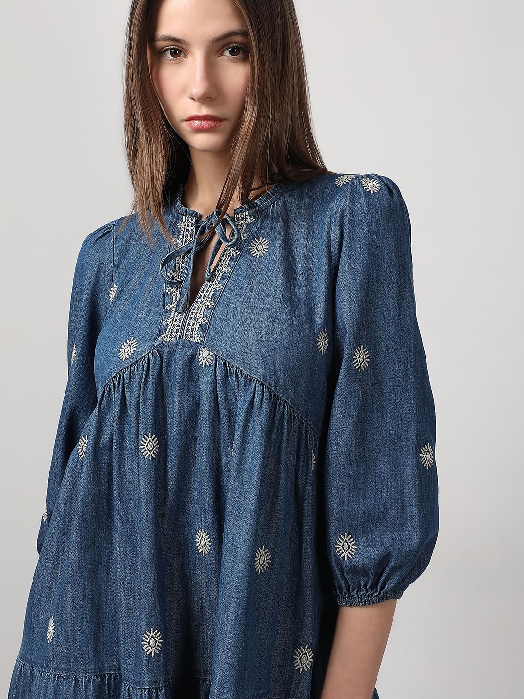 Dark Blue Embroidered Denim Dress - Image 5