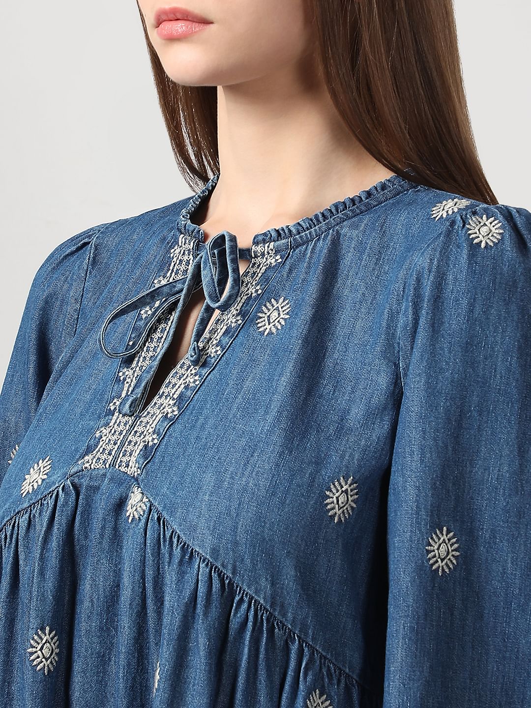 Dark Blue Embroidered Denim Dress - Image 6