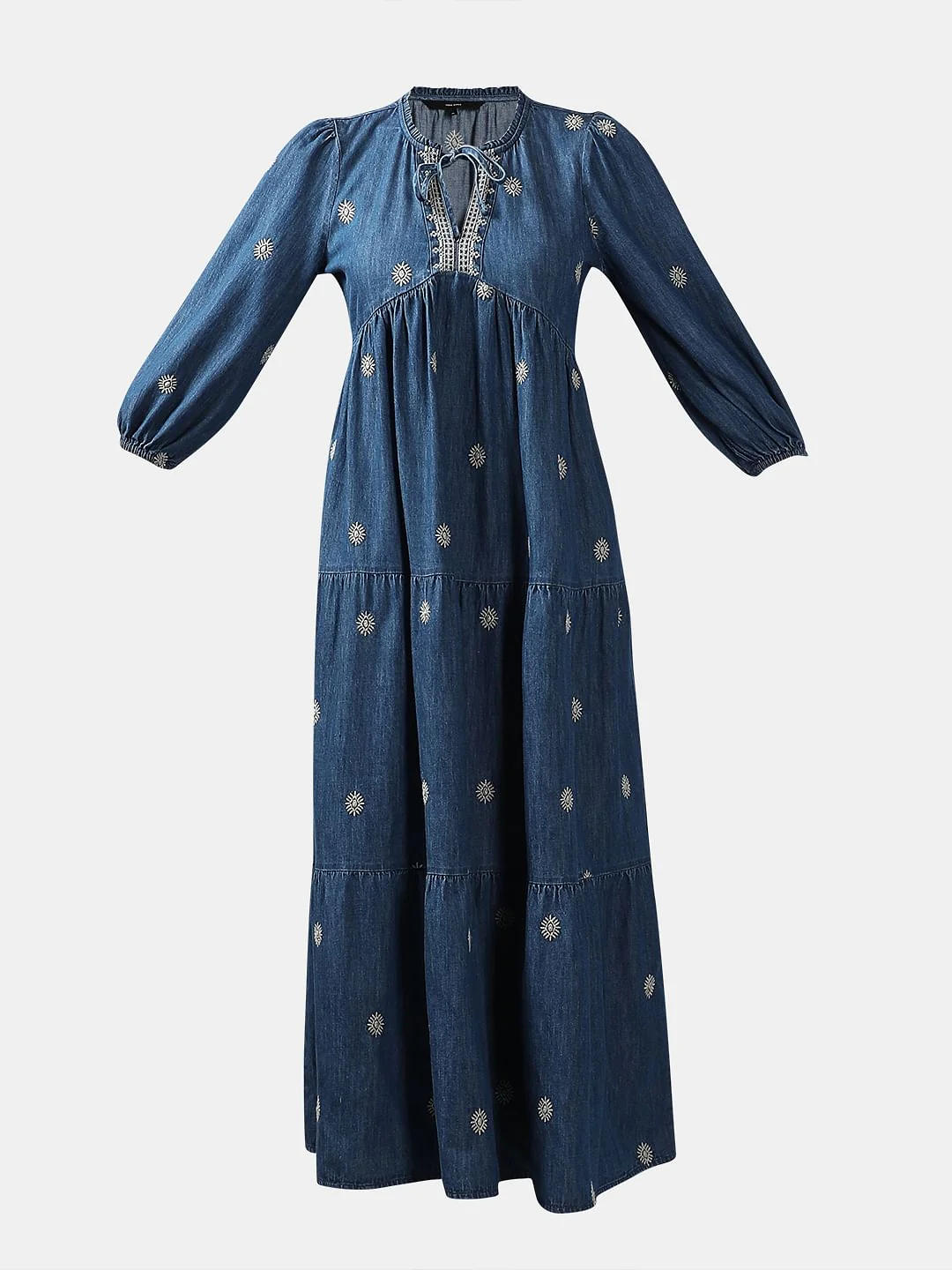 Dark Blue Embroidered Denim Dress - Image 7