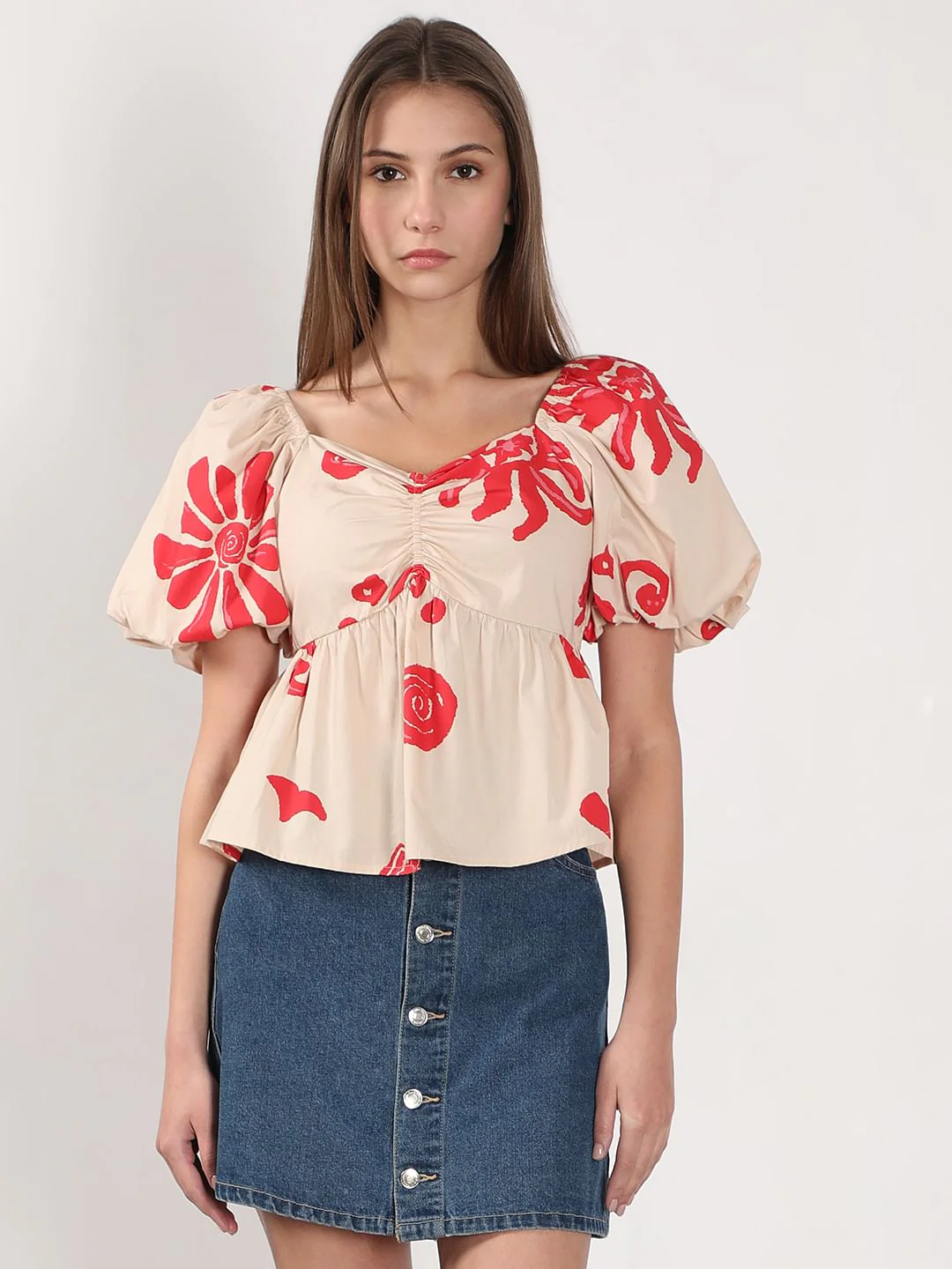 Beige Printed Balloon Sleeves Top - Image 2
