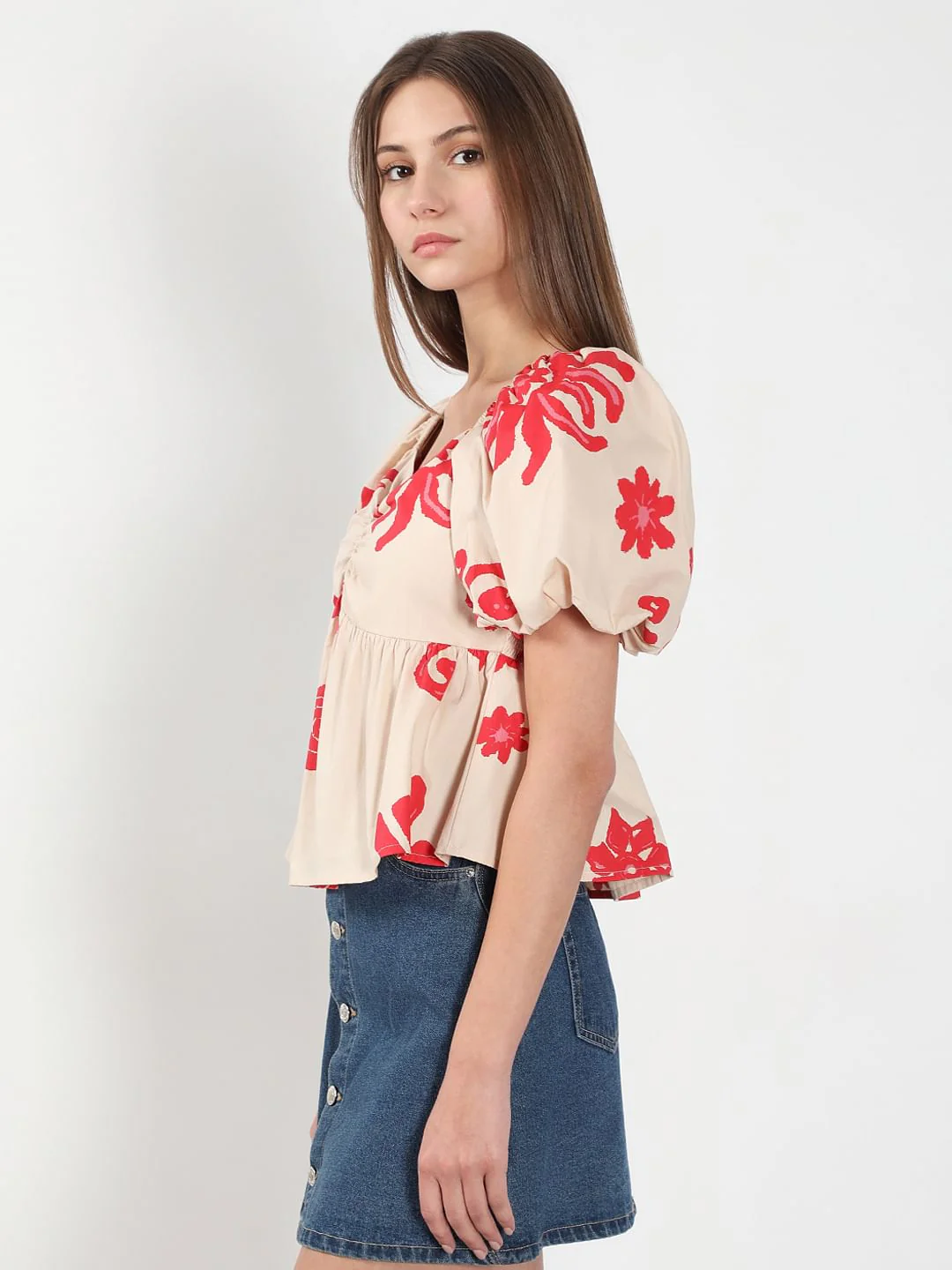 Beige Printed Balloon Sleeves Top - Image 3