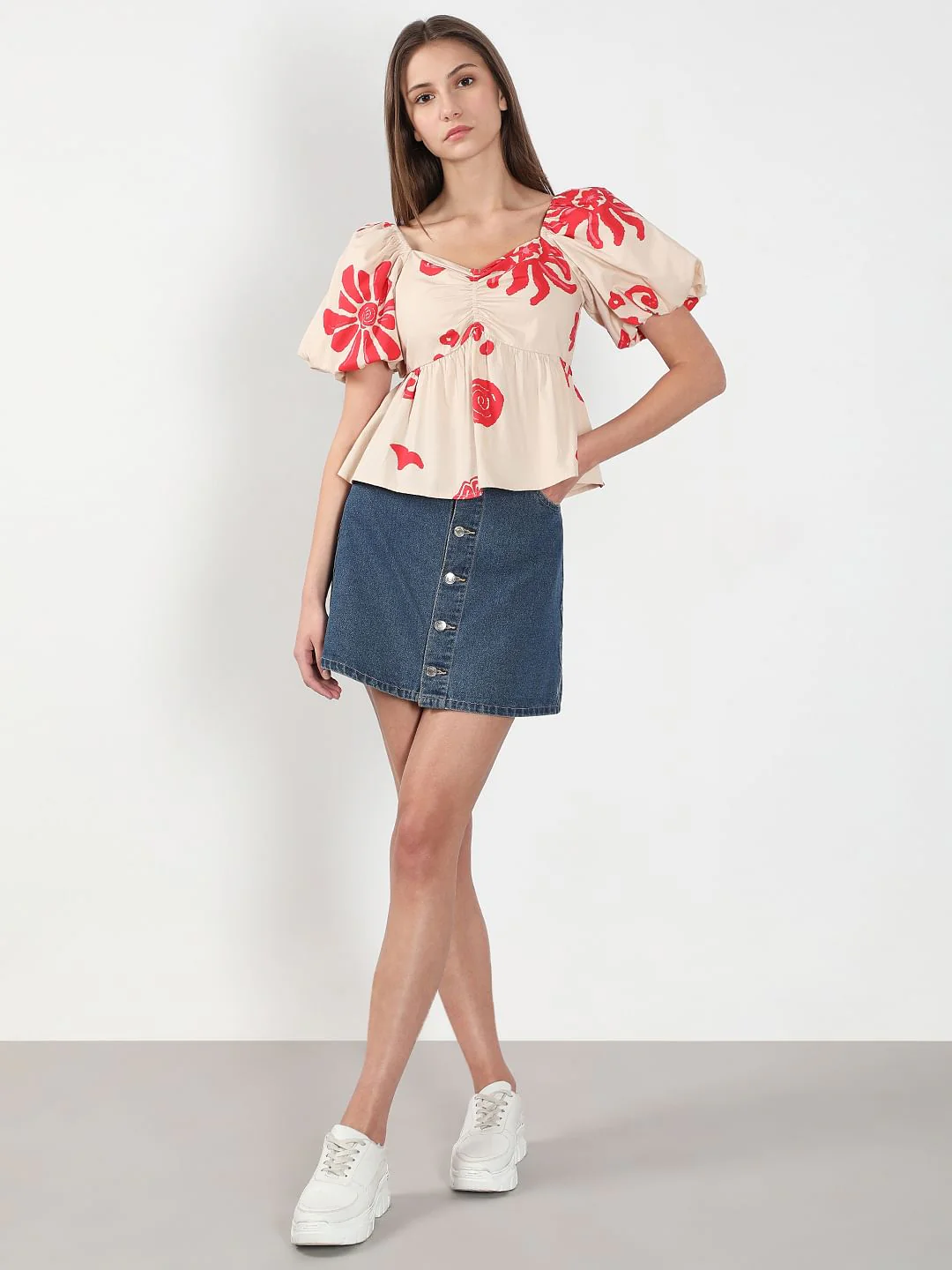 Beige Printed Balloon Sleeves Top - Image 5