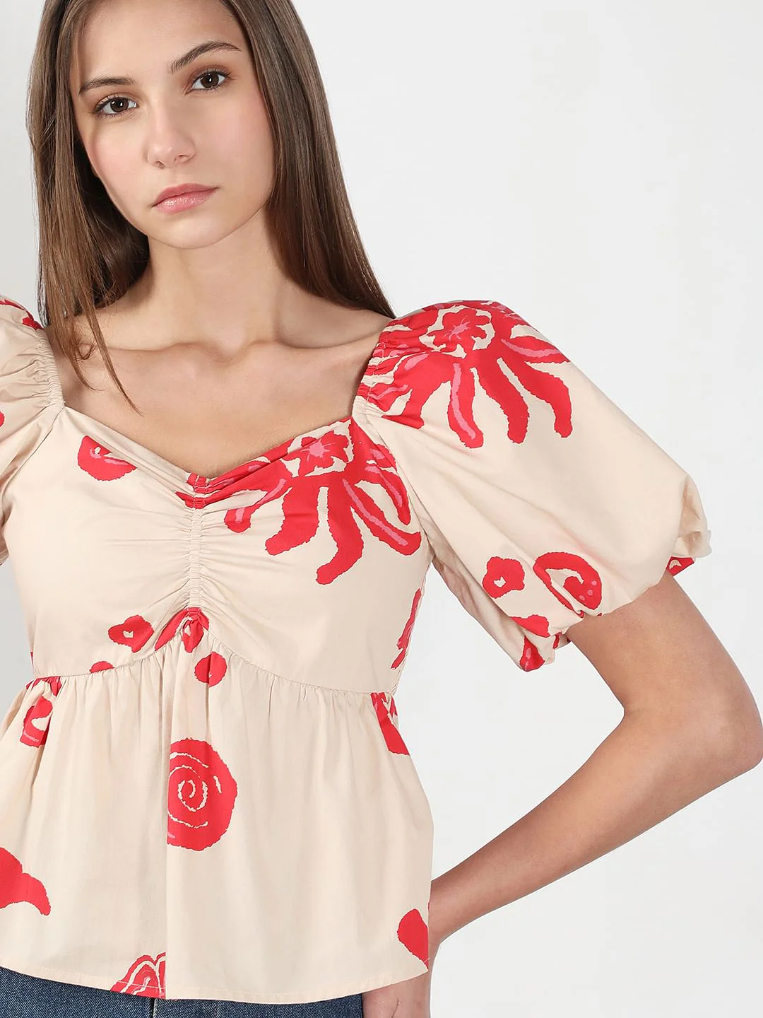 Beige Printed Balloon Sleeves Top - Image 6