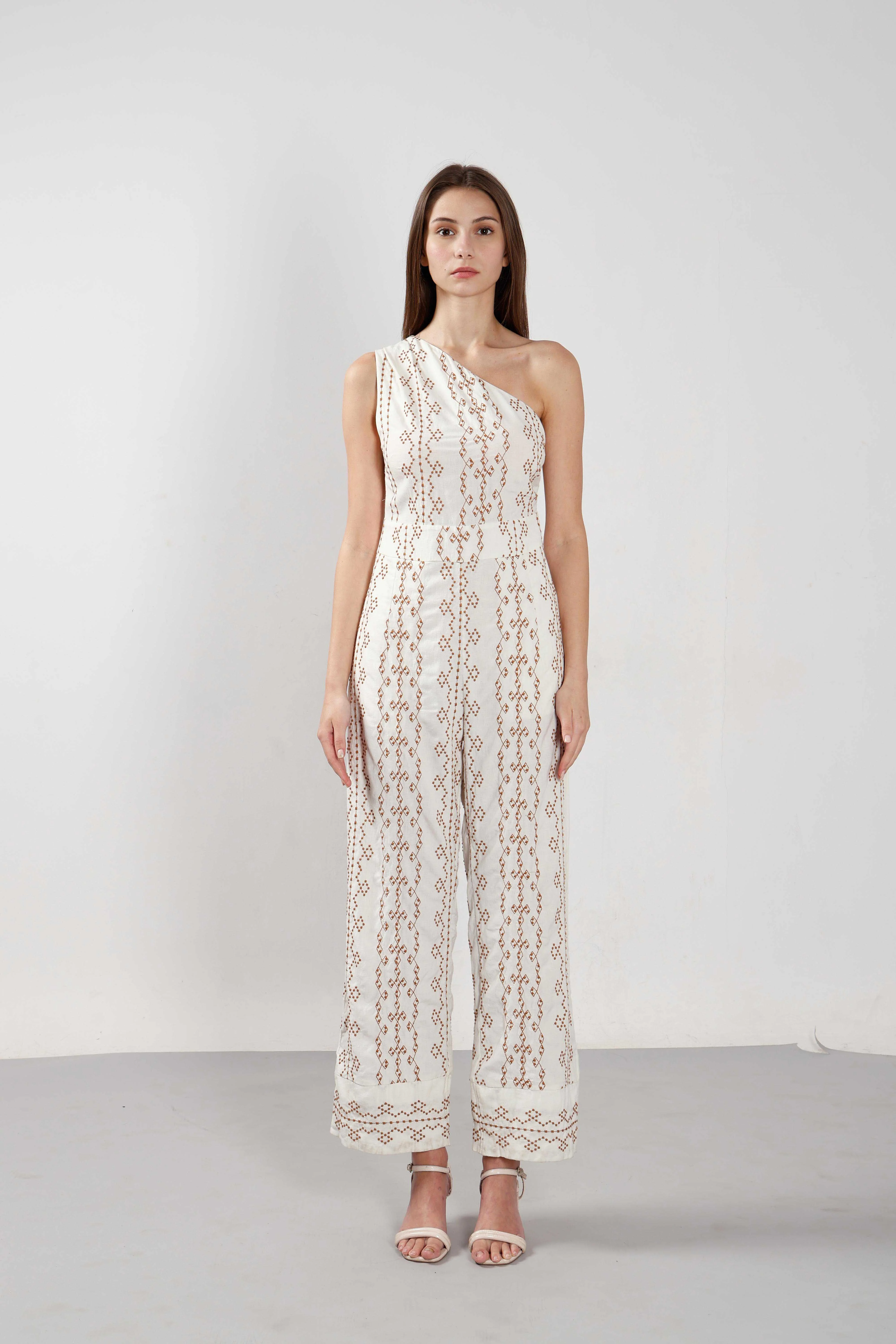 Vero Moda off-White Printed One-Shoulder Jumpsuit - Image 8