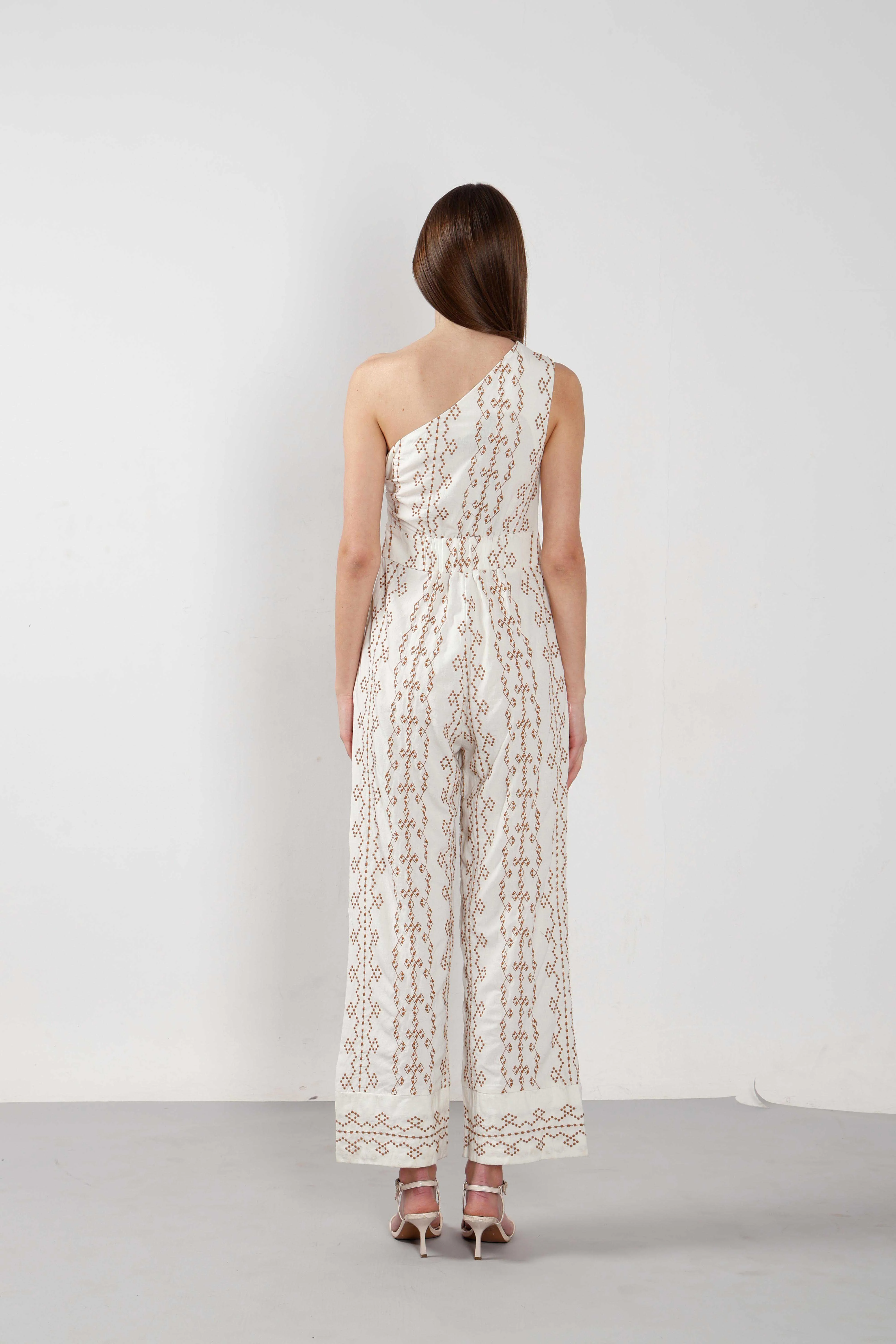 Vero Moda off-White Printed One-Shoulder Jumpsuit - Image 9