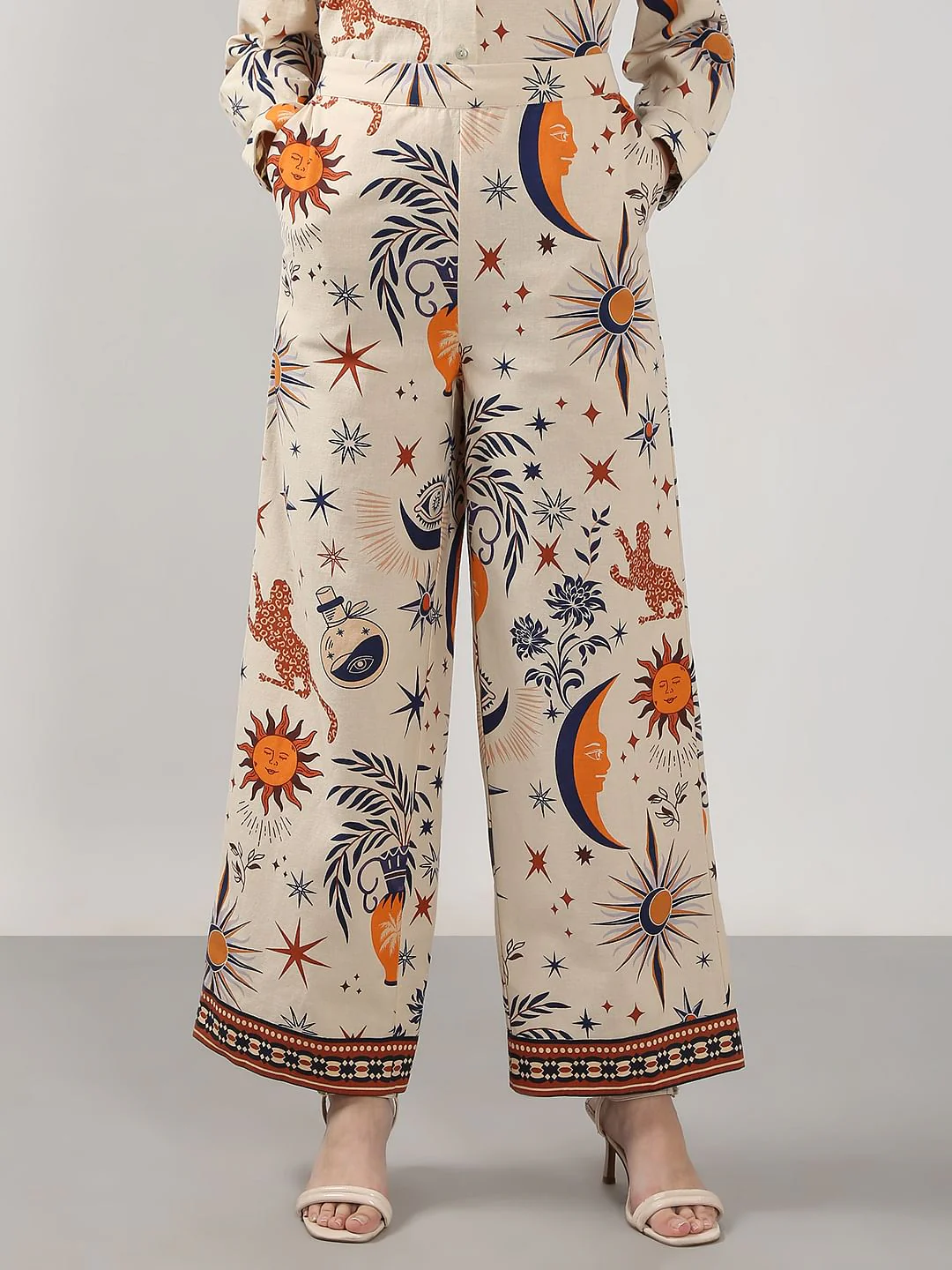 Beige Printed Co-Ord Set Flared Pants - Image 2