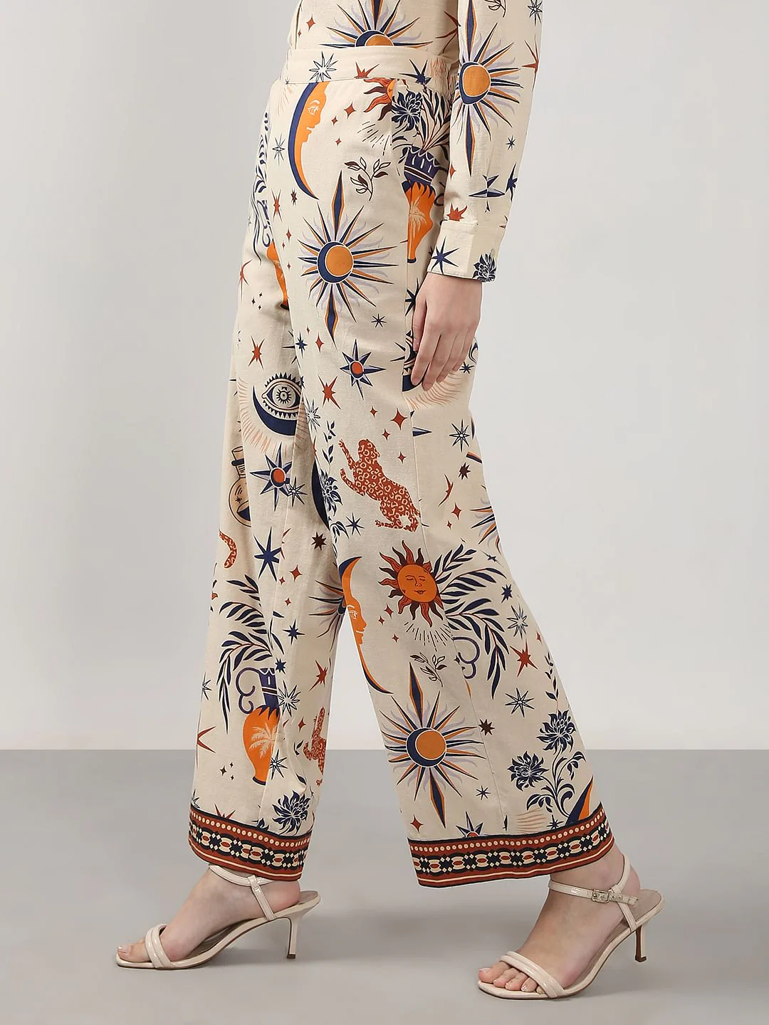 Beige Printed Co-Ord Set Flared Pants - Image 3