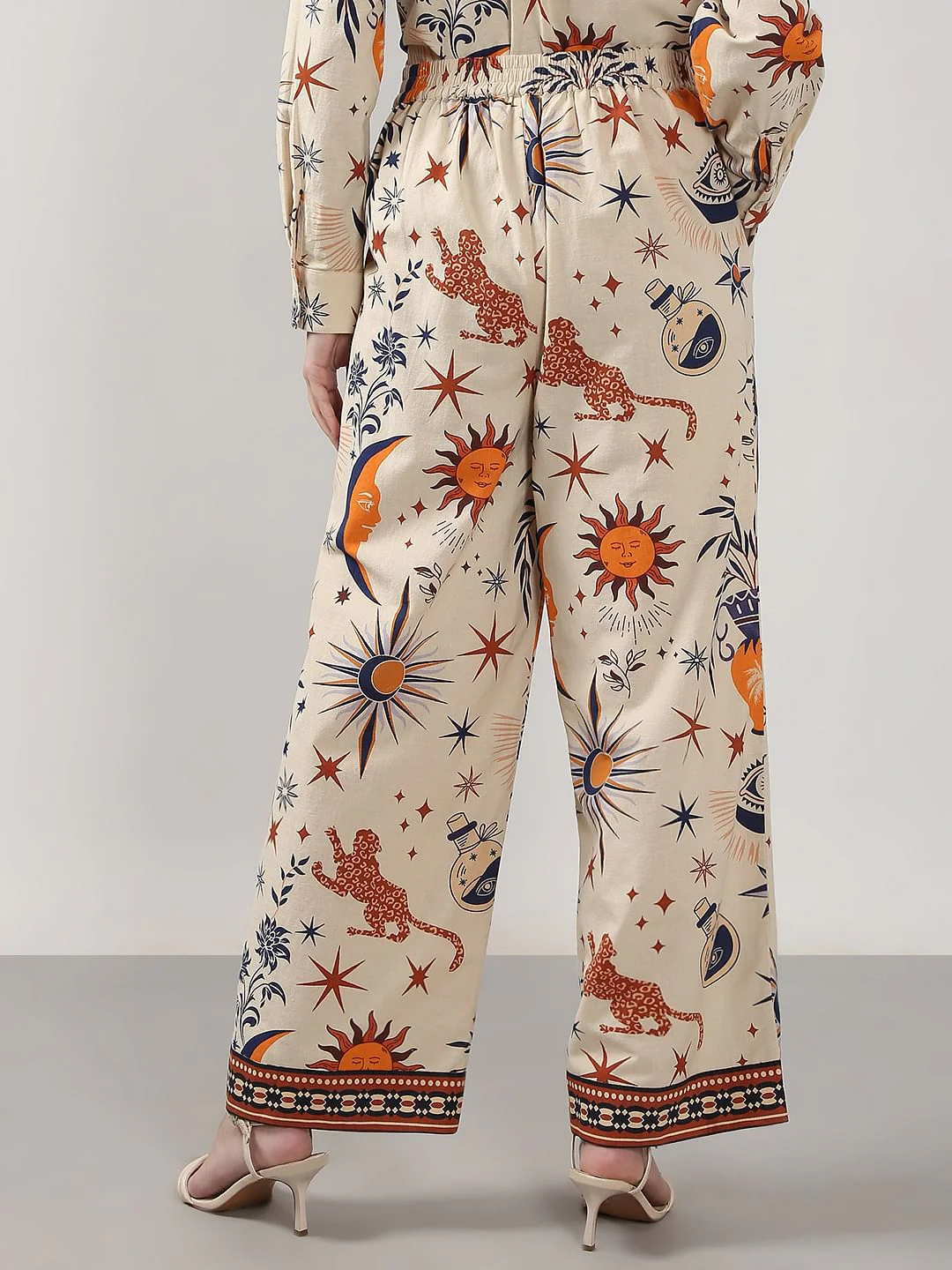 Beige Printed Co-Ord Set Flared Pants - Image 4