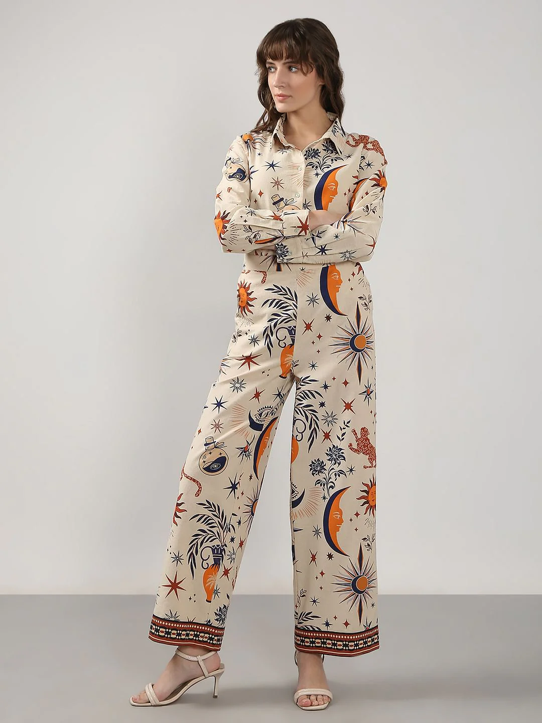 Beige Printed Co-Ord Set Flared Pants - Image 5