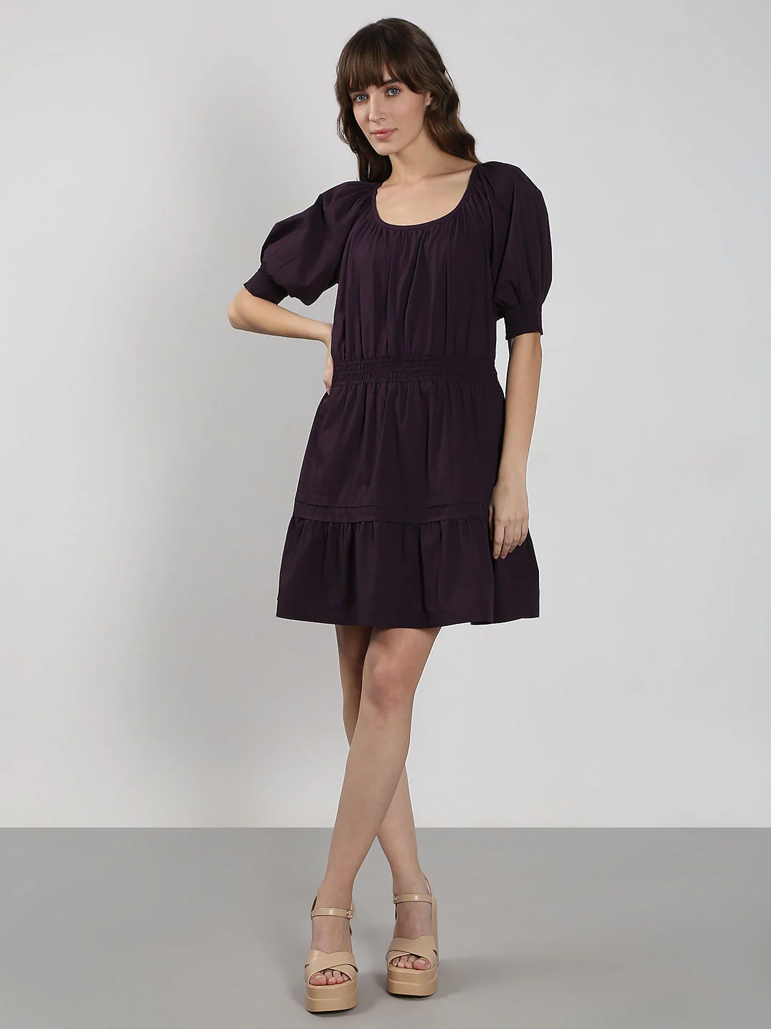 Purple Flared Short Cotton Dress - Image 5