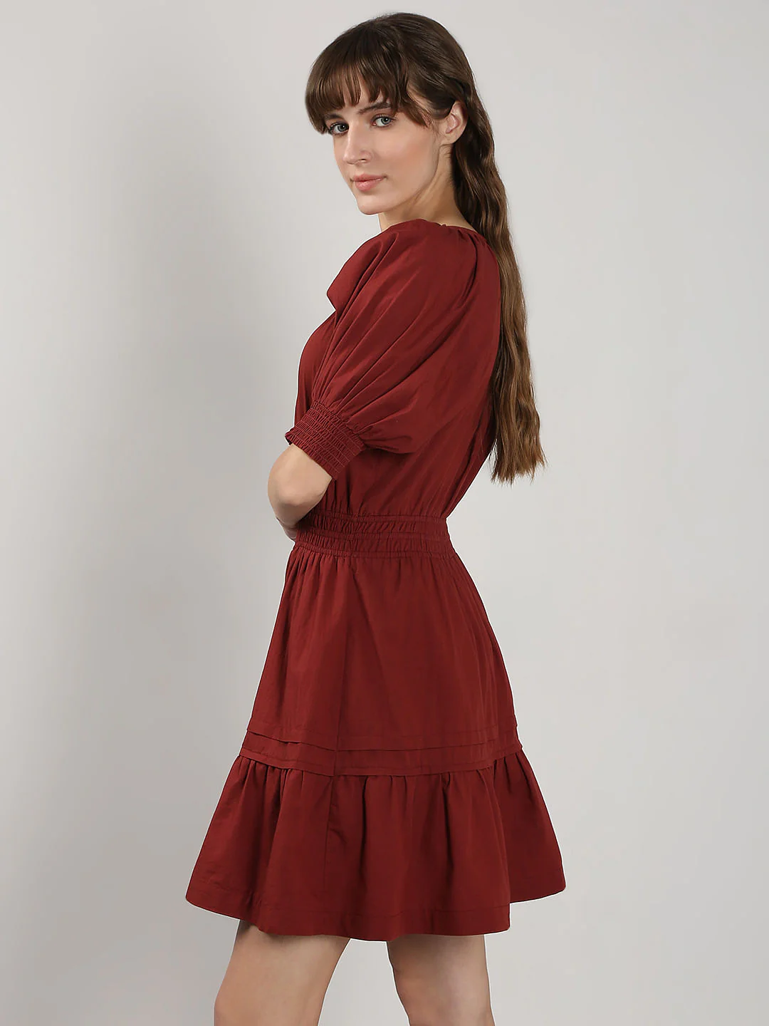 Dark Red Flared Short Cotton Dress - Image 3