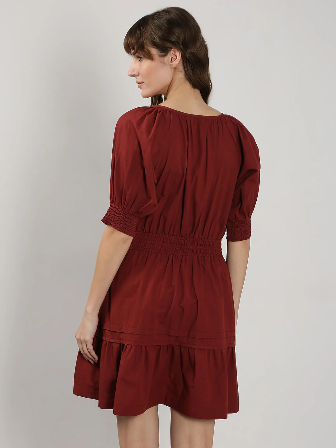 Dark Red Flared Short Cotton Dress - Image 4