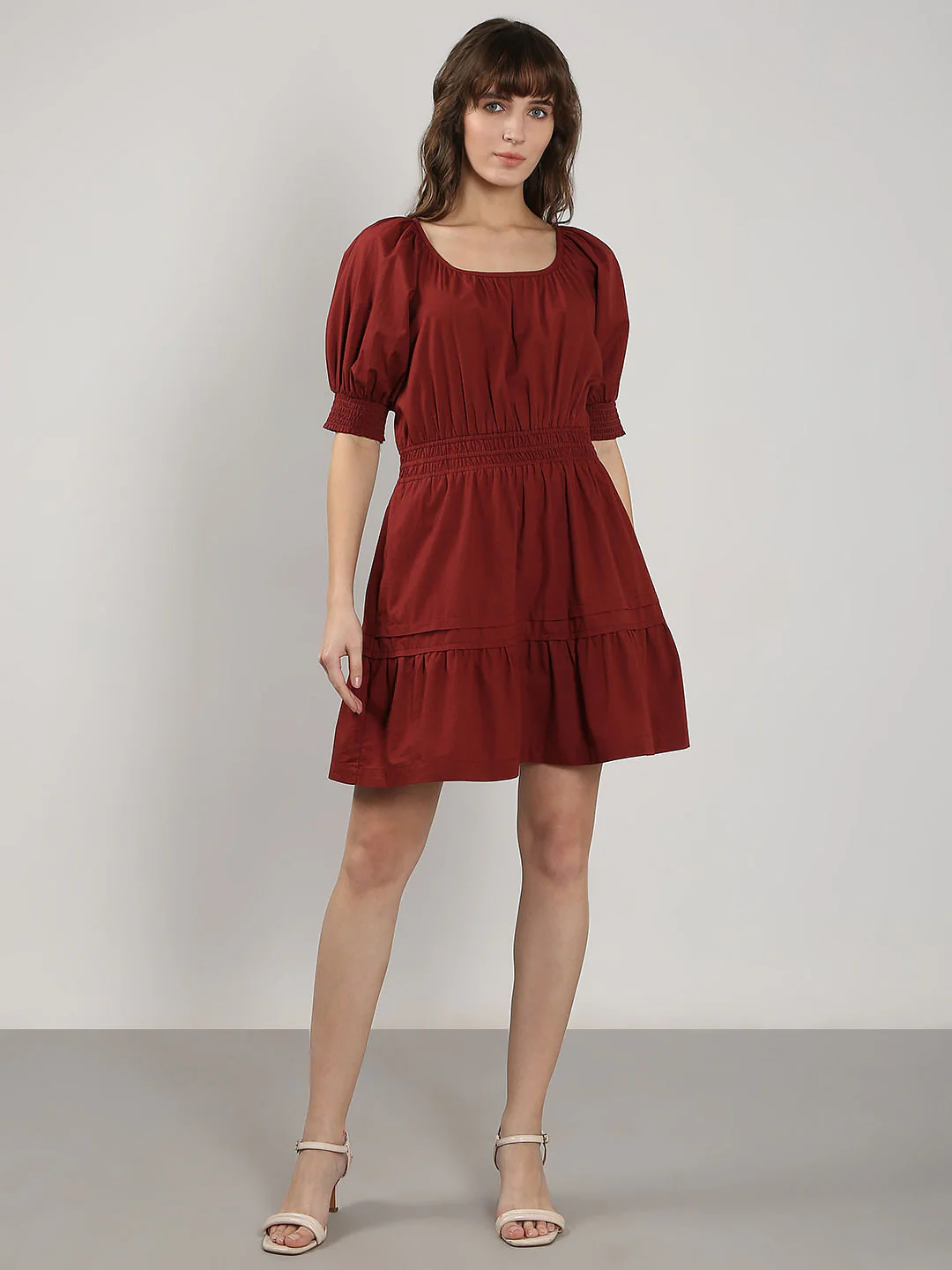 Dark Red Flared Short Cotton Dress - Image 5