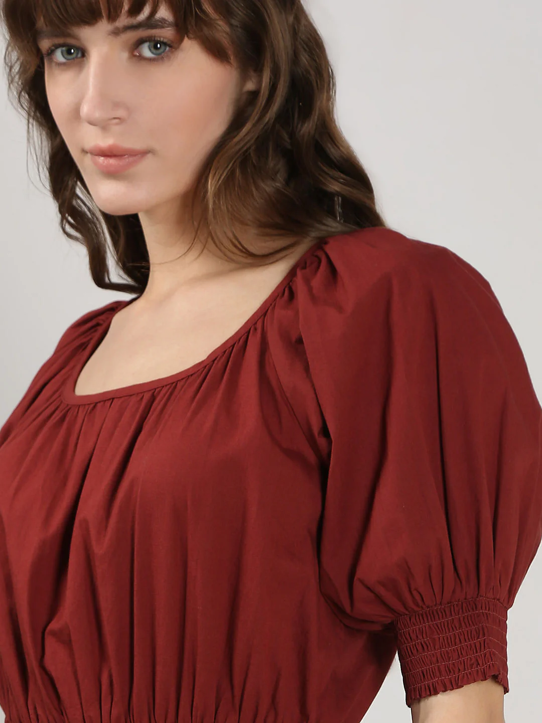Dark Red Flared Short Cotton Dress - Image 6