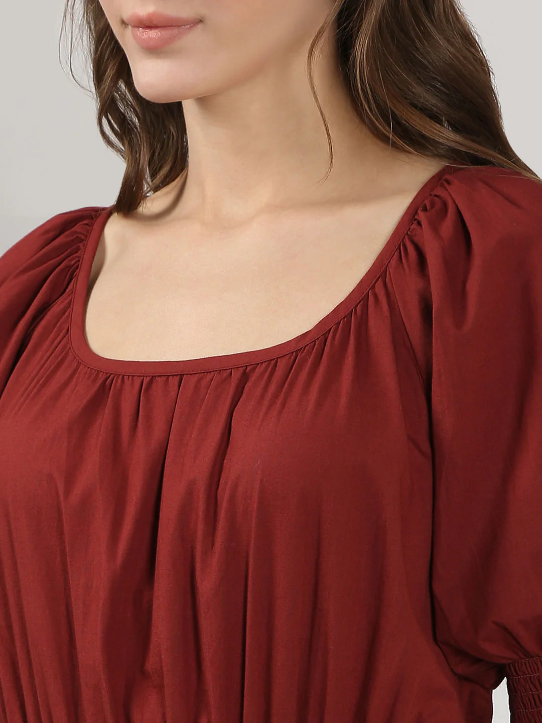 Dark Red Flared Short Cotton Dress - Image 8