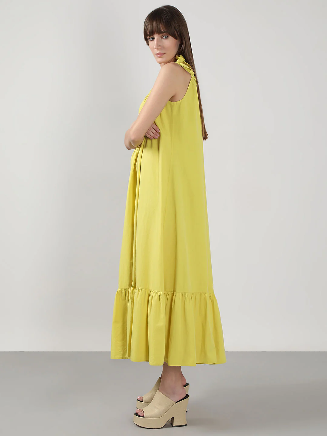 Yellow Flared Cotton Long Dress - Image 3
