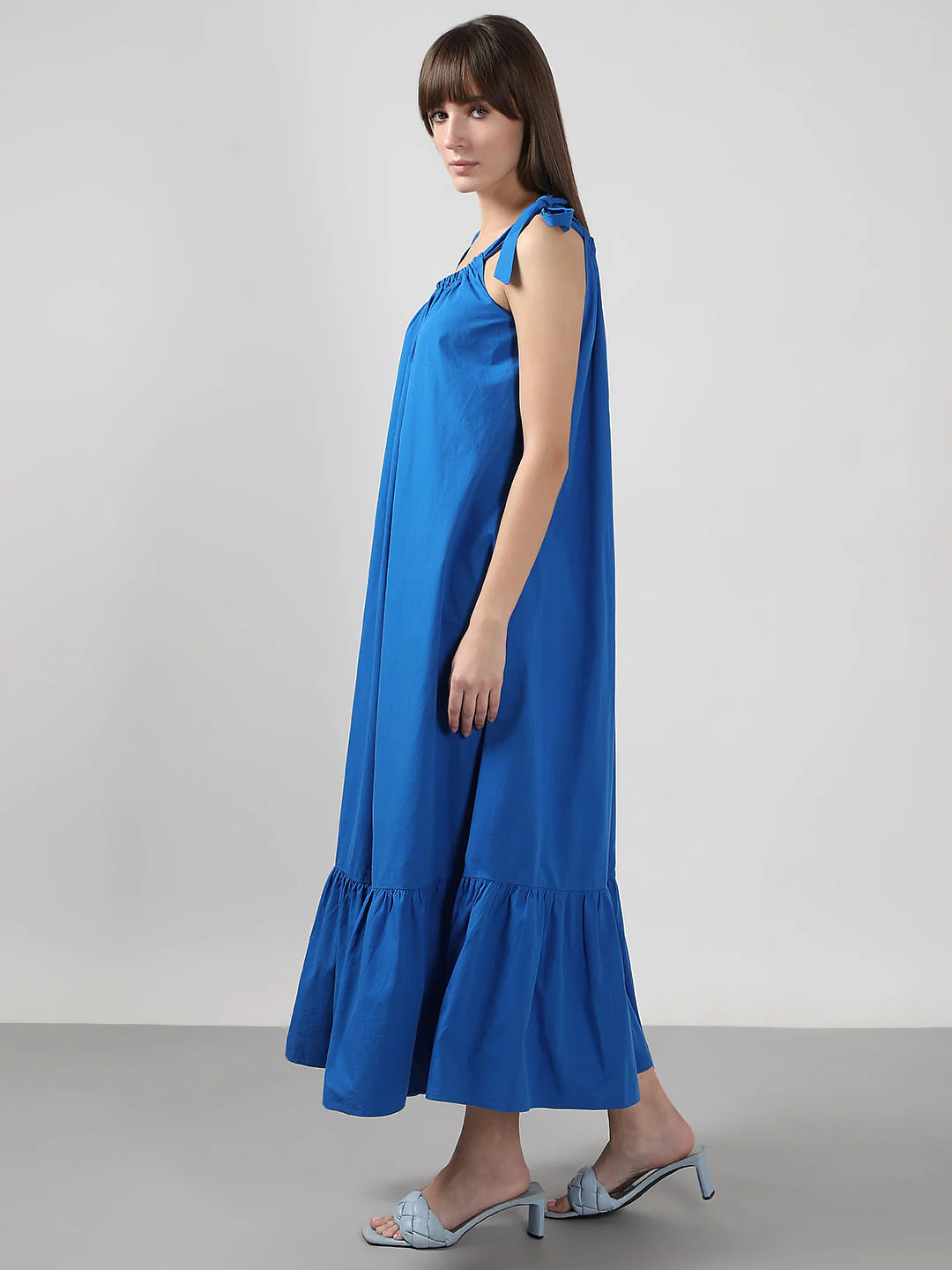 Blue Flared Cotton Long Dress - Image 3