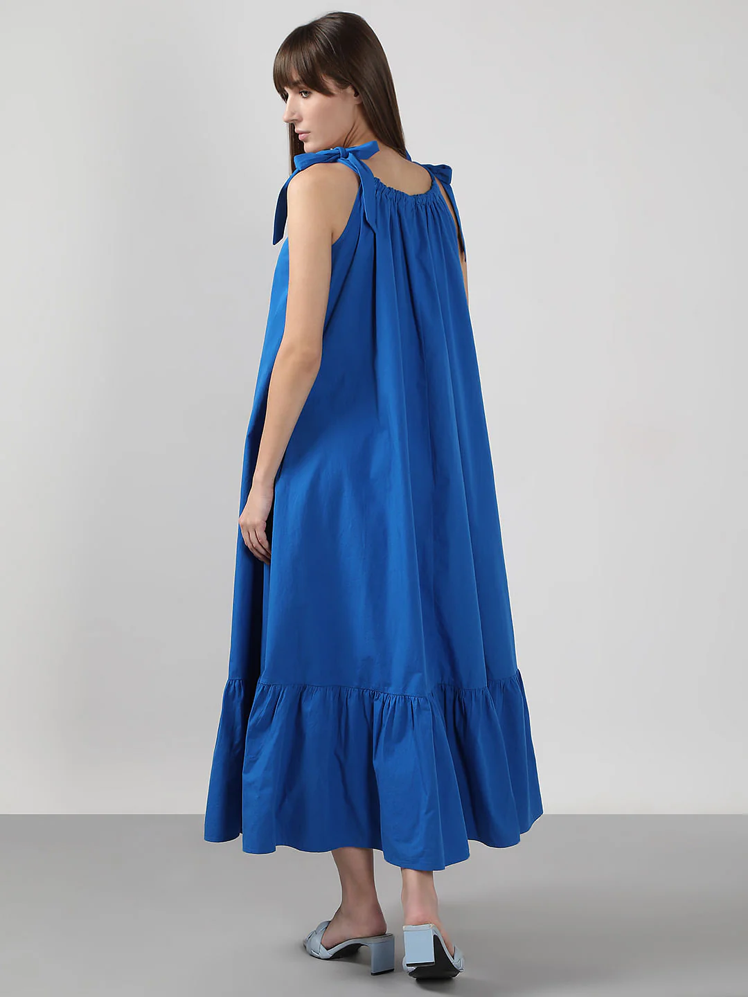 Blue Flared Cotton Long Dress - Image 4