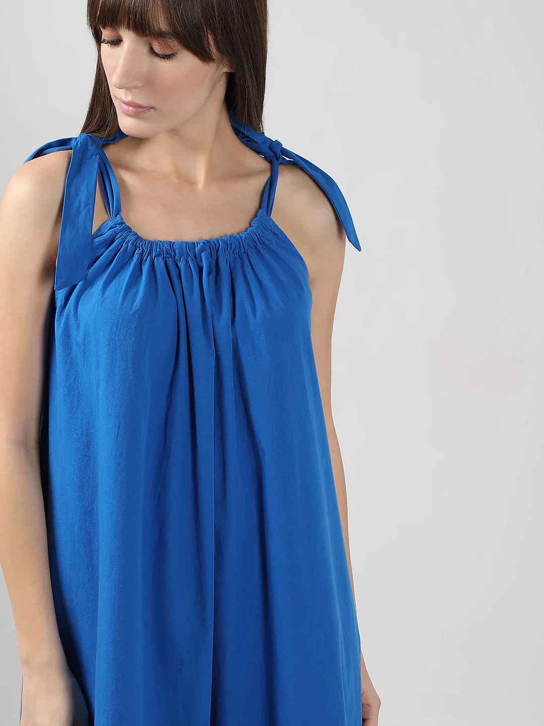 Blue Flared Cotton Long Dress - Image 5