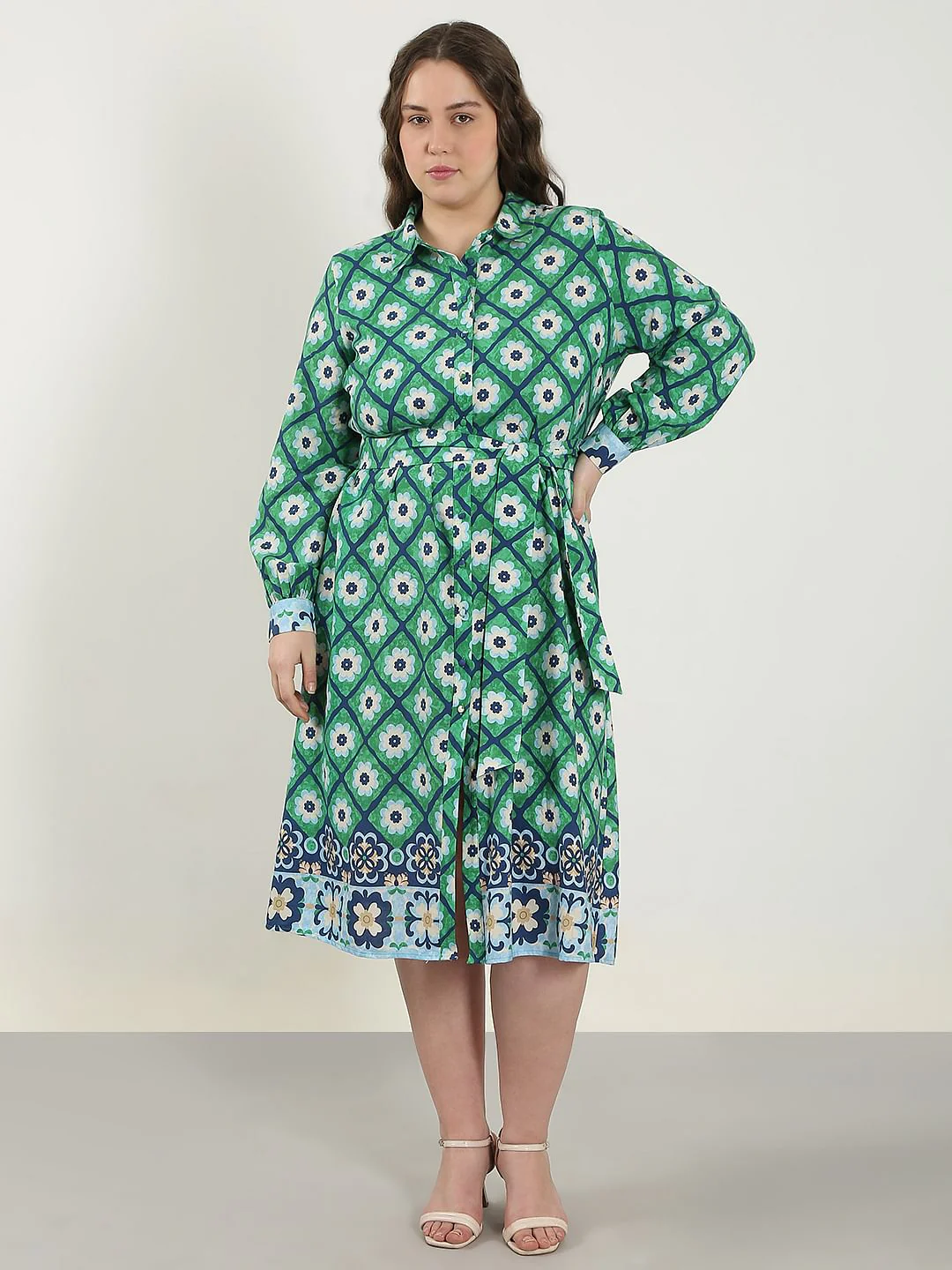 Curve Green Printed Shirt Dress - Image 2