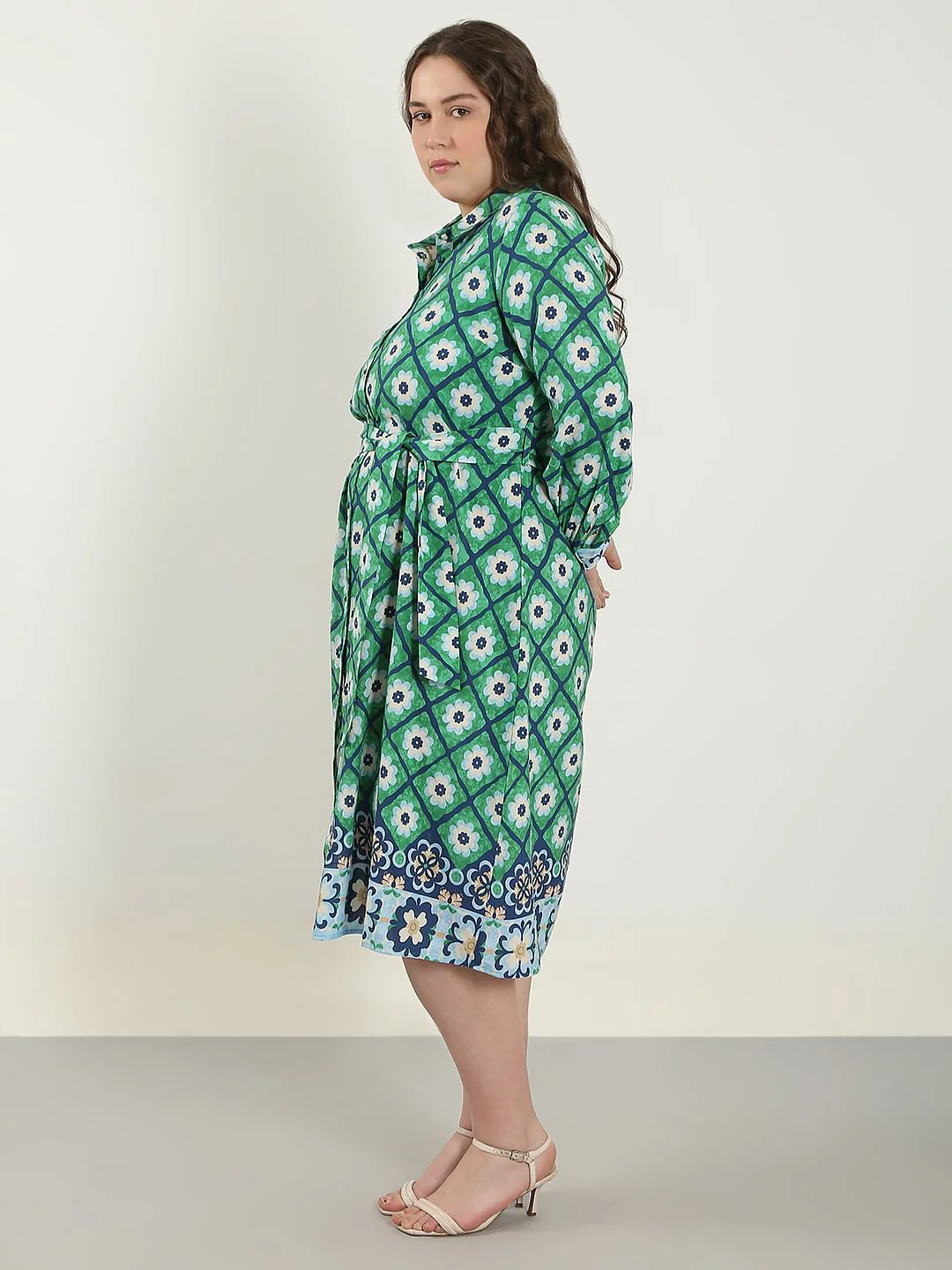 Curve Green Printed Shirt Dress - Image 3