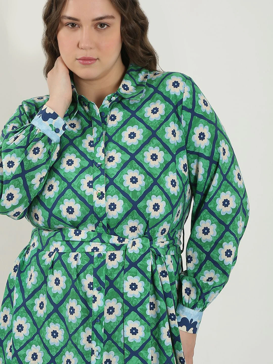 Curve Green Printed Shirt Dress - Image 5