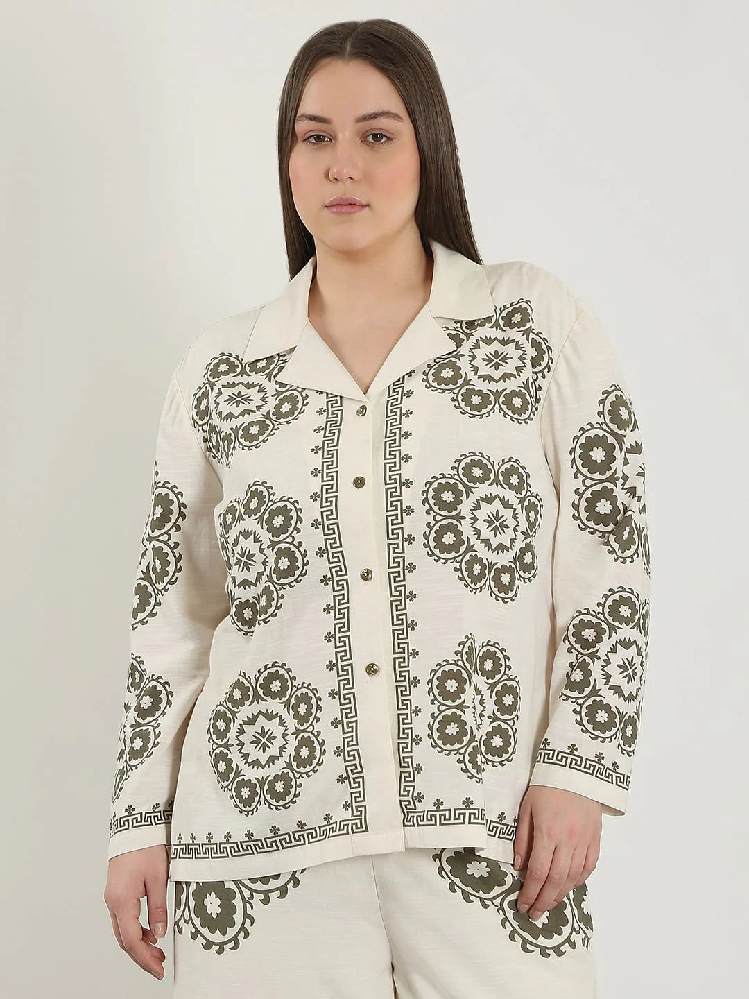 Curve Ecru Printed Co-Ord Set Shirt - Image 2