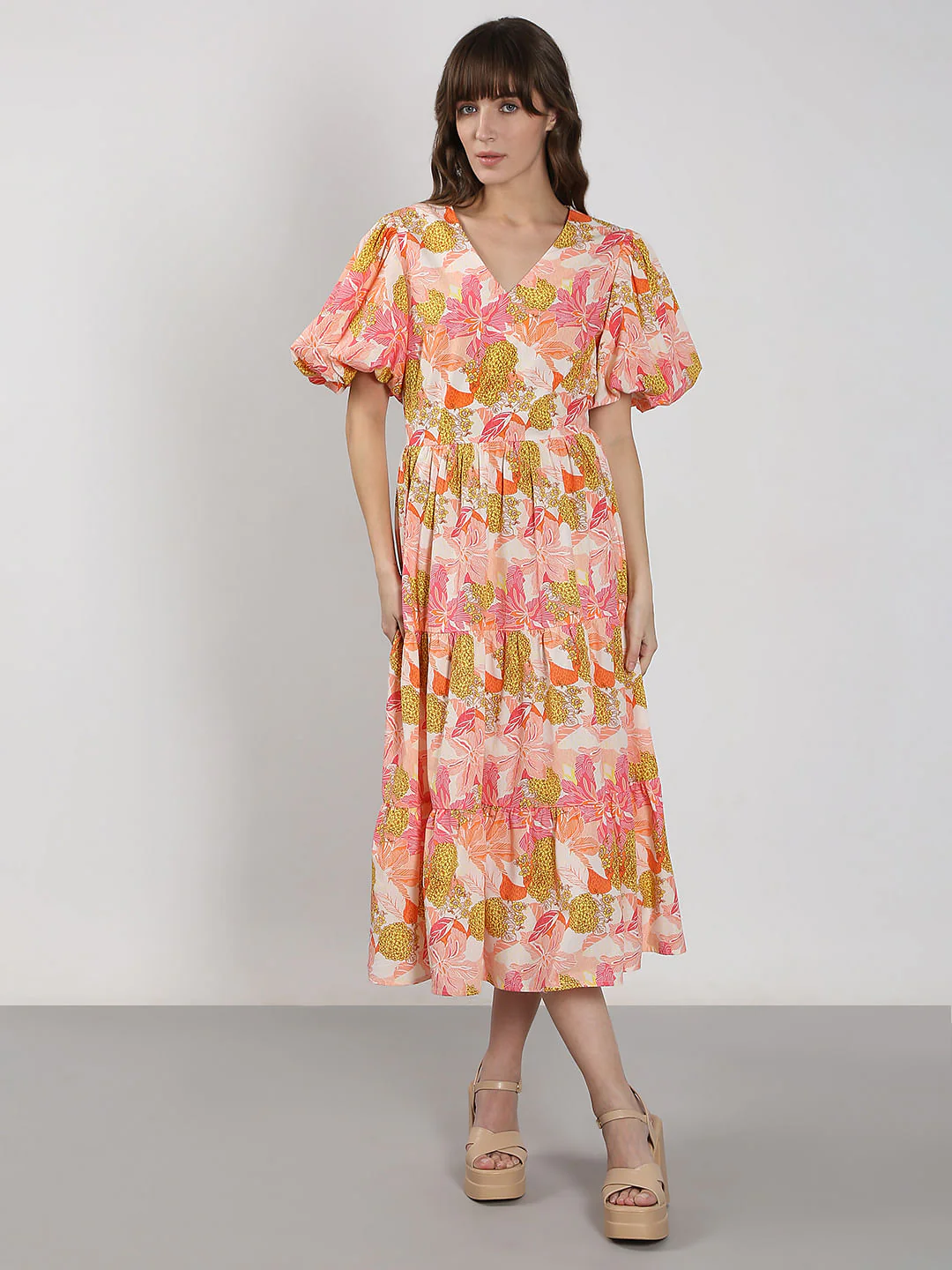 Beige Floral Cotton Midi Dress - Image 2